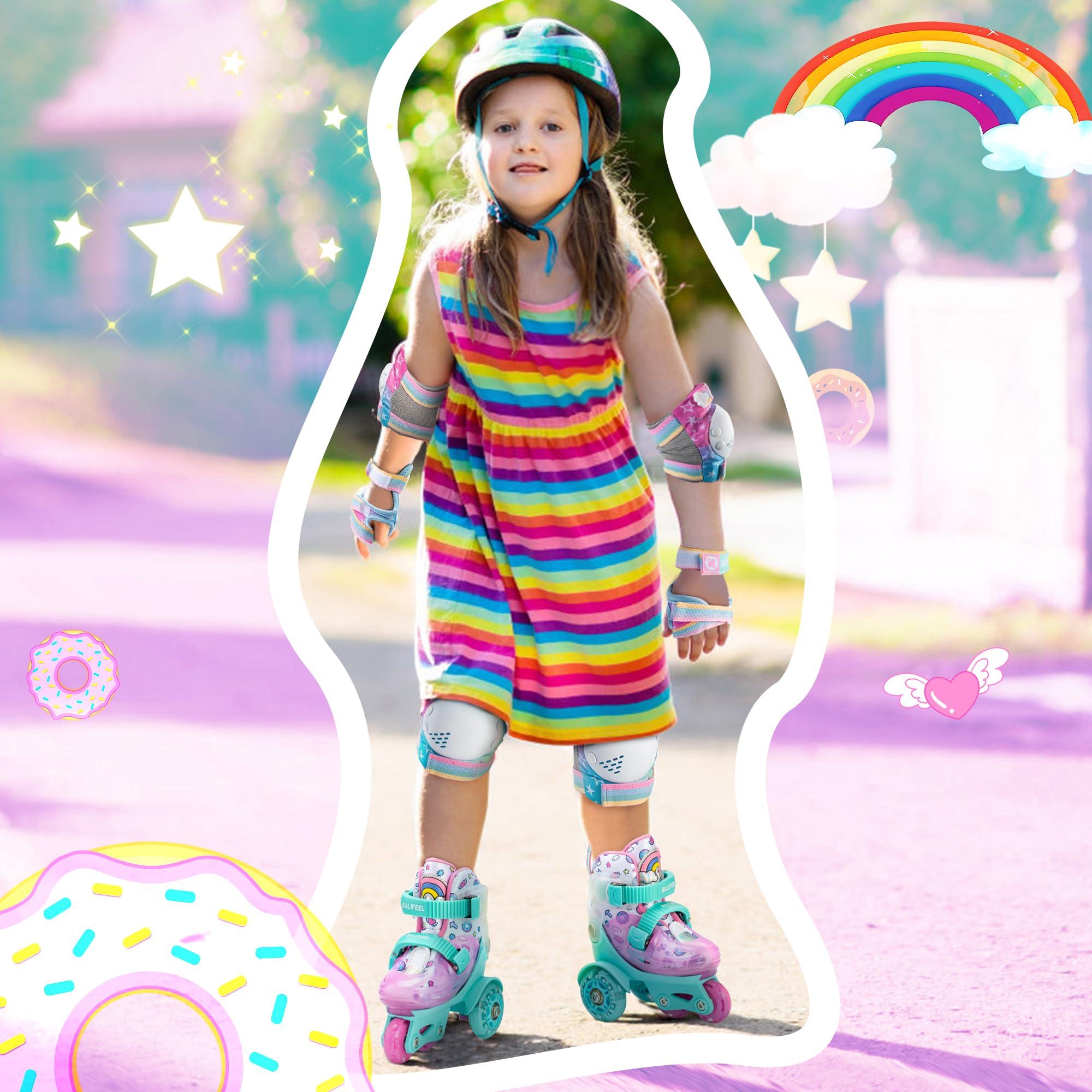 SULIFEEL SULIFEEL Adjustable Roller Skates for Girls Boys Kids,Fun Illuminating Light Up Flash Wheels Three-Point Type Balance Suitable for Beginners Indoor Roller Skating Green & Pink Size X-Small