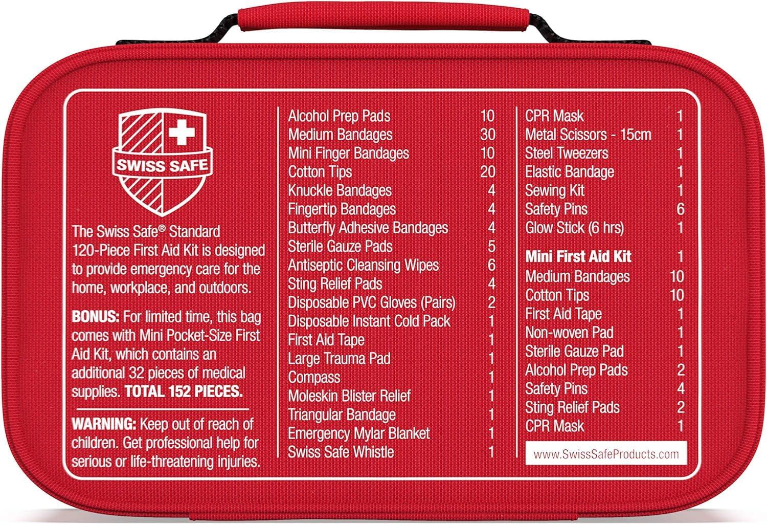 Swiss Safe Swiss Safe 2-in-1 First Aid Kit for Car, Travel & Home, Businesses - Bonus Mini Kit for Medical Emergency Aid, Survival, Camping - FSA & HSA Eligible - 120+32 Pcs, Small+Travel FAK