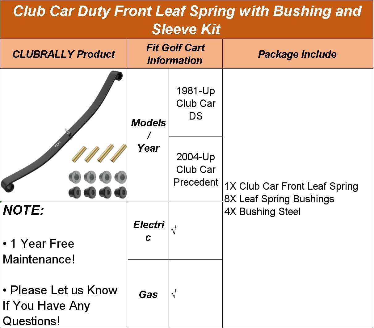 CLUBRALLY CLUBRALLY Club Car Golf Cart Front Leaf Springs with Bushing and Sleeve Kit for Club Car DS & Precedent Golf Carts 1012030 103628801