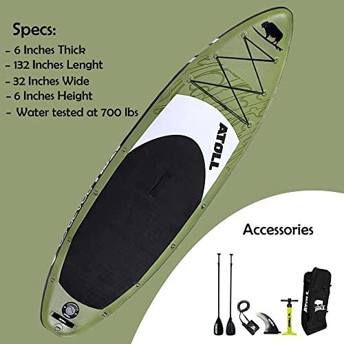 Atoll Atoll Inflatable Paddle Board with Premium SUP Stand Up Paddle Board Accessories & Back Pack, Non-Slip Comfort Deck for Unisex Adult - 11ft (Army Green)