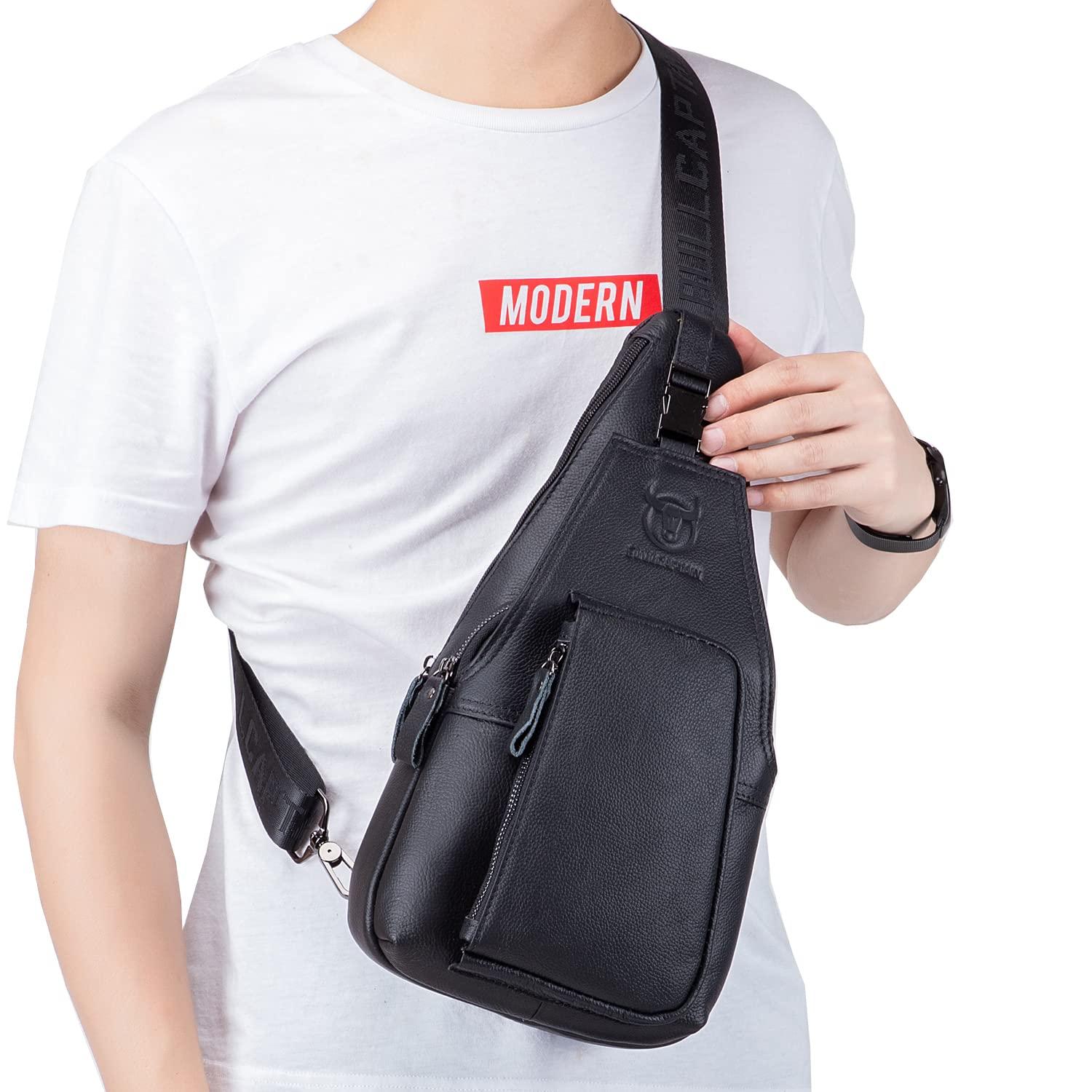 Hebetag Hebetag Leather Sling Crossbody Bag Casual Daypack for Men Women Outdoor Travel Hiking Camping Fishing Shoulder Chest Pack Day Pack, Black