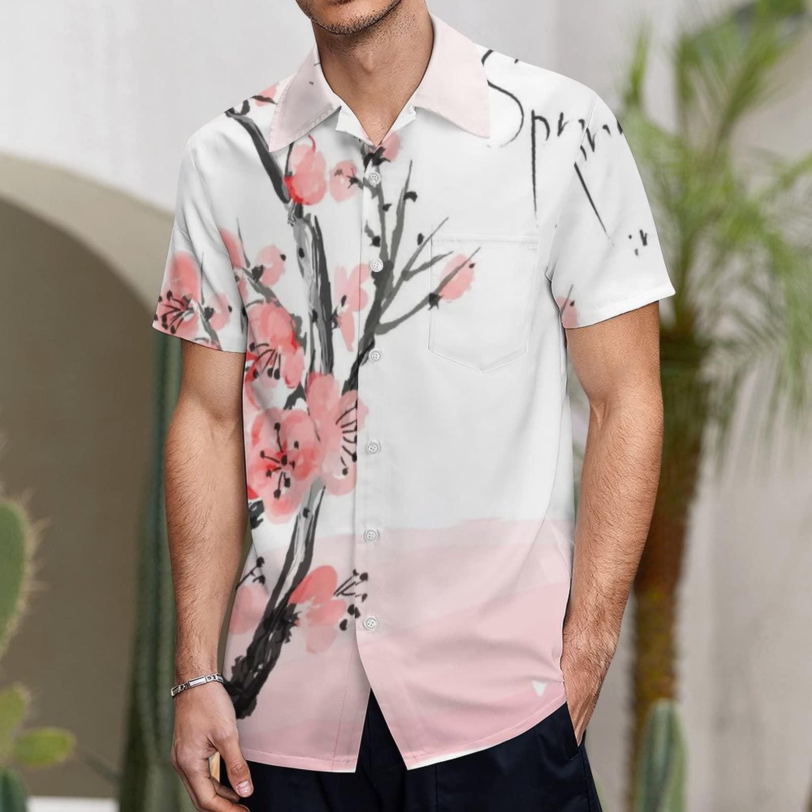 BAIKUTOUAN BAIKUTOUAN Japanese Cherry Blossom Men's Short Sleeve Shirt Casual Loose Button Down Shirts for Work Beach Vacation 3XL