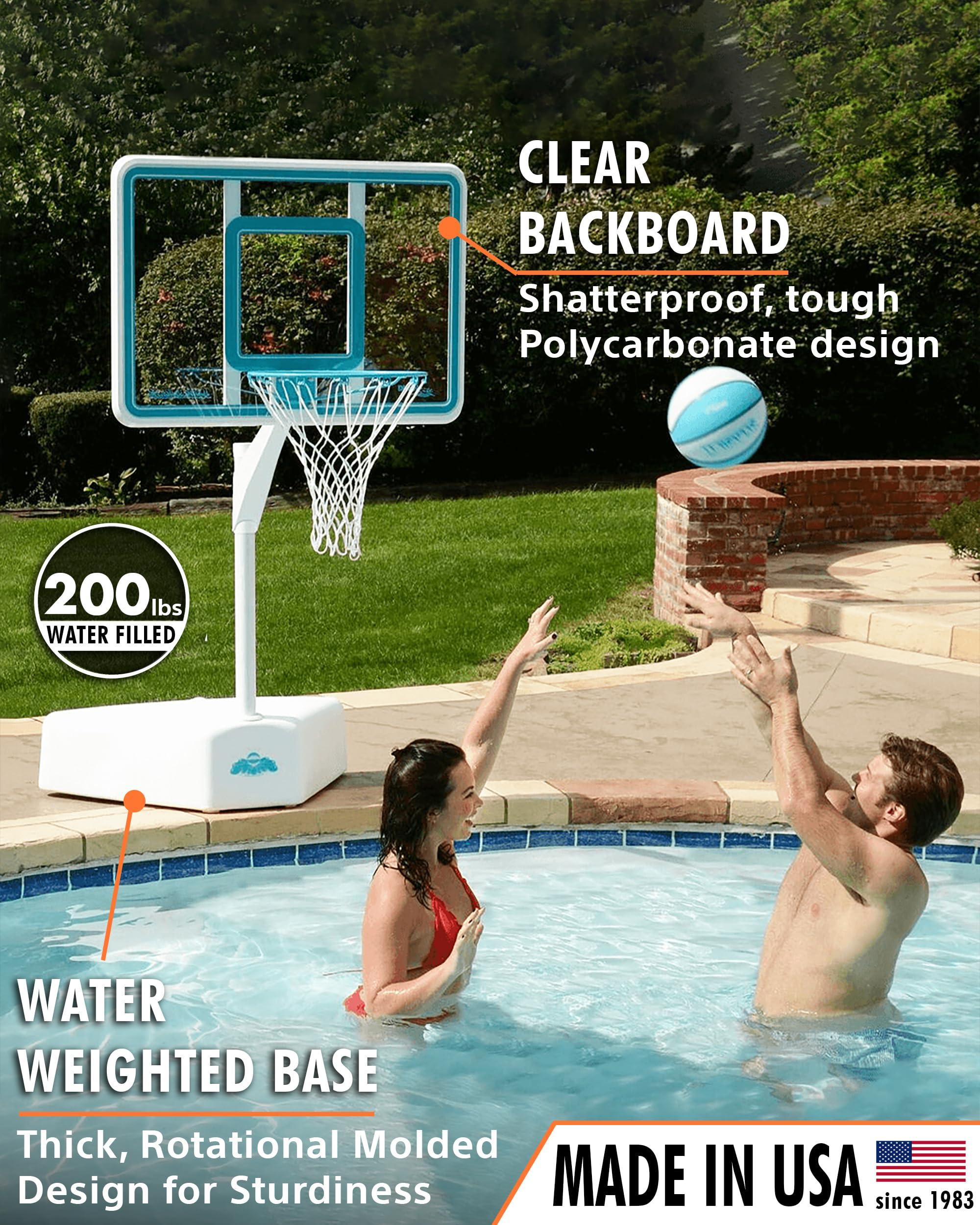 DUNNRITE Dunn-Rite Splash & Shoot Outdoor Adjustable Height Swimming Pool Basketball Hoop w/Ball, Base, & 18 Inch Stainless Steel Rim, Made in USA, Clear