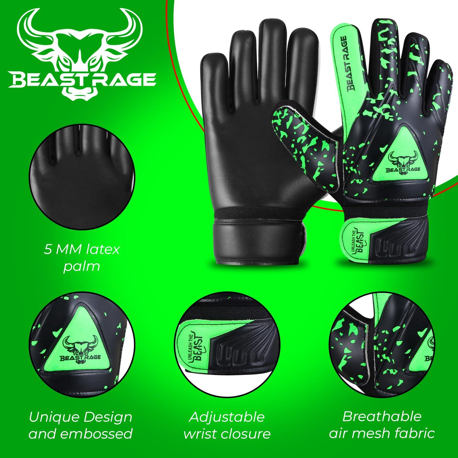 BEAST RAGE BEAST RAGE Goalkeeper Gloves for Kids Support Grip Youth Football Glove Kid Junior Soccer Glove for Kid 6-15 Men Adult Boys Football Gloves (Green, Size 5 for (9 to 12 Year Kid))