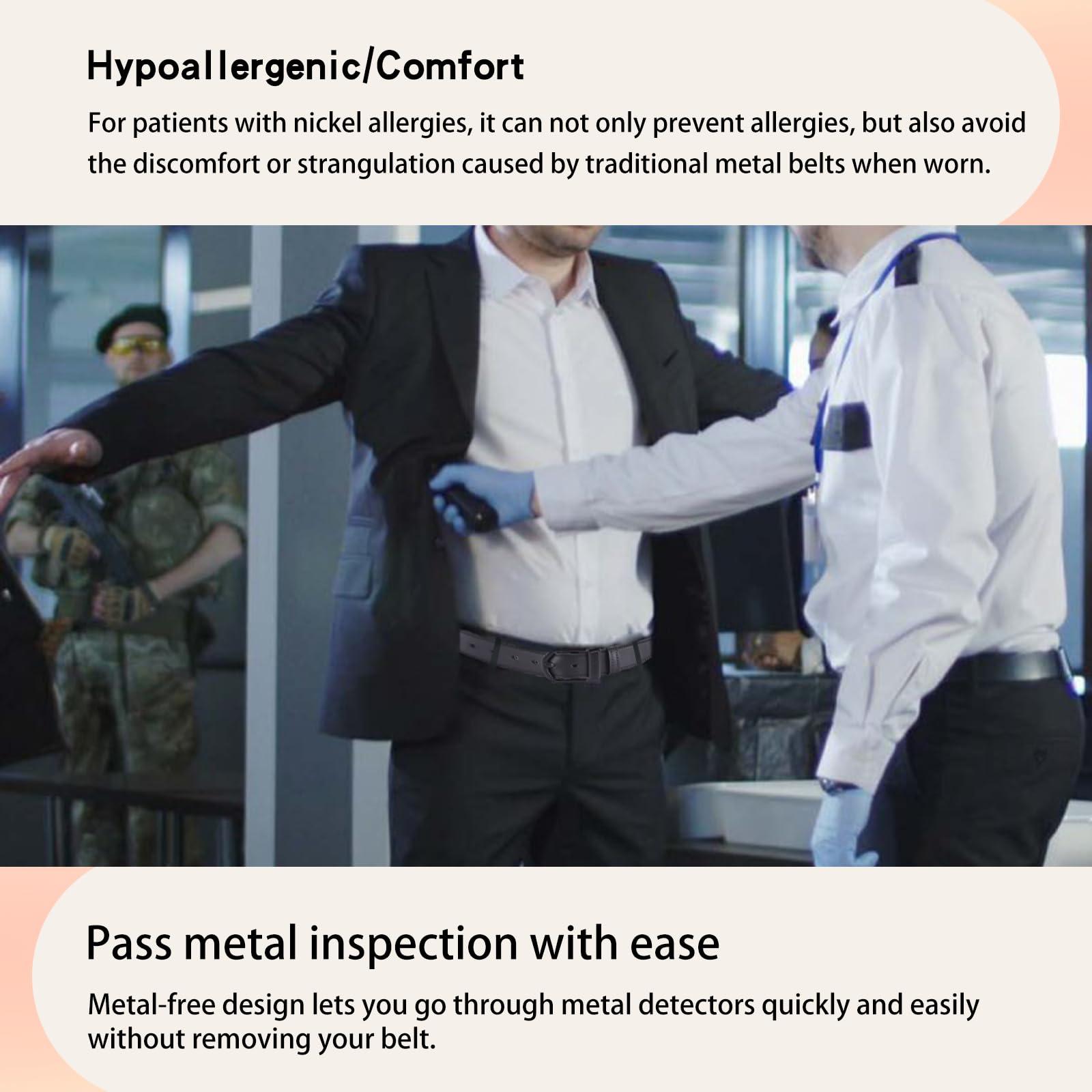 MACBORO MACBORO Non Metal Tsa Approved Belt Nickel Free Hypoallergenic Belts for Men Plastic Buckle Travel Black Leather Belt 1.38"