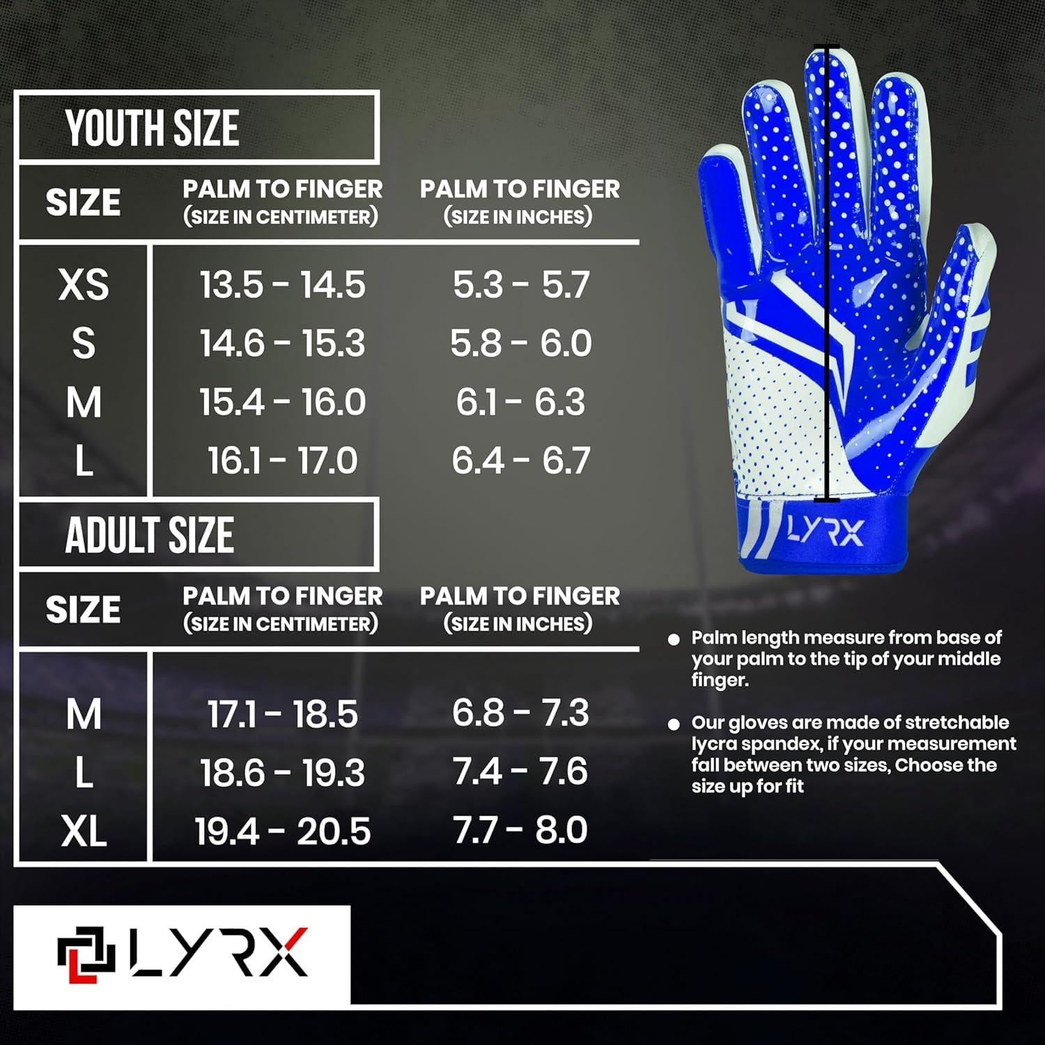 LYRX LYRX Professional Football Receiver Gloves with Optimal Silicone Palm Non-Slip Grip Control Ultra-Stick Sports Lightweight Glove and Precision Fit (Blue, Youth XS (5.5"))