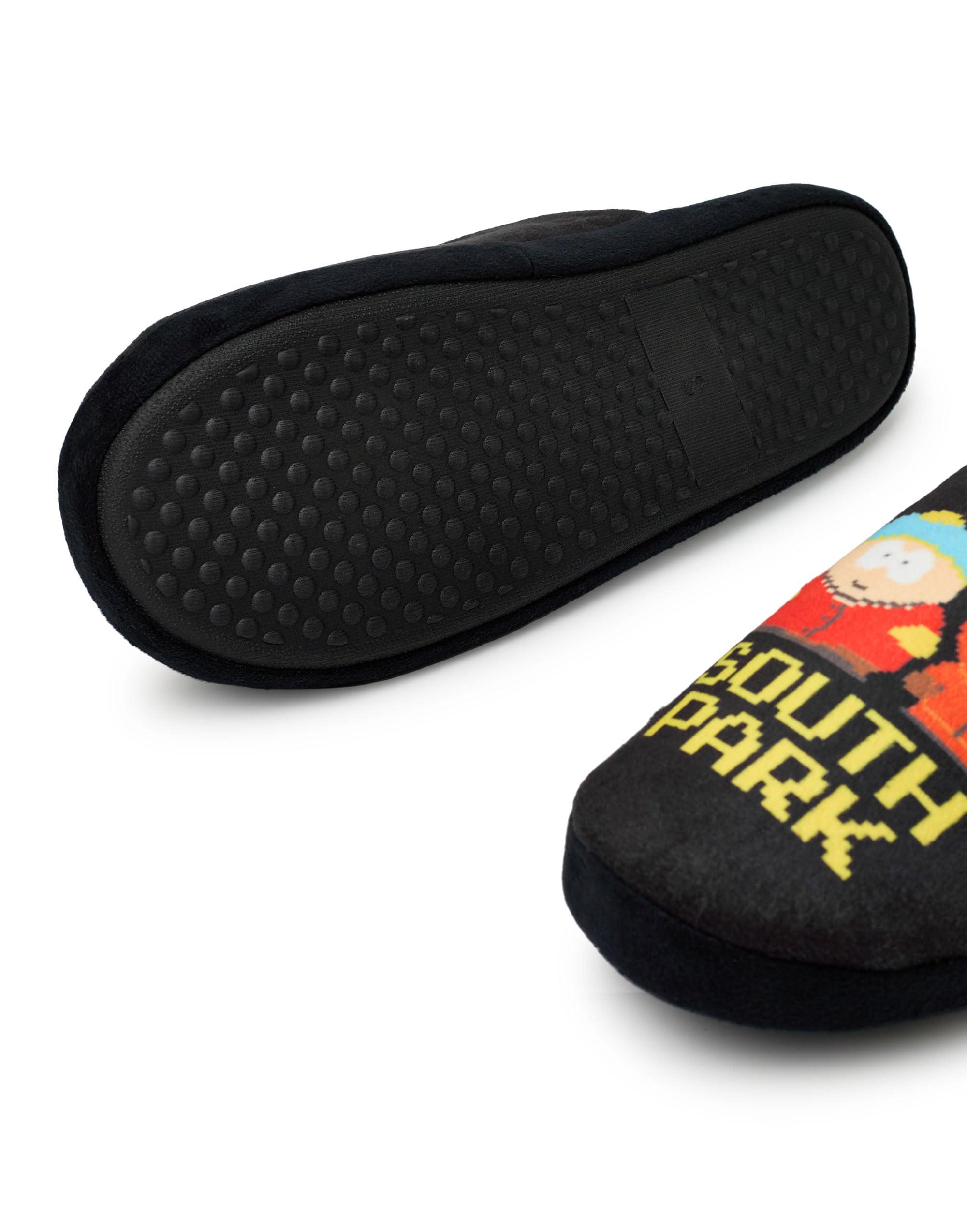 South Park South Park Mens Slippers | Adults Slip-On Mules in Black with Cartman, Kenny, Stan & Kyle Pixel Text Print | All Over Footbed Print House Shoes | Comedy Cartoon Indoor Bedroom Loungewear Gift