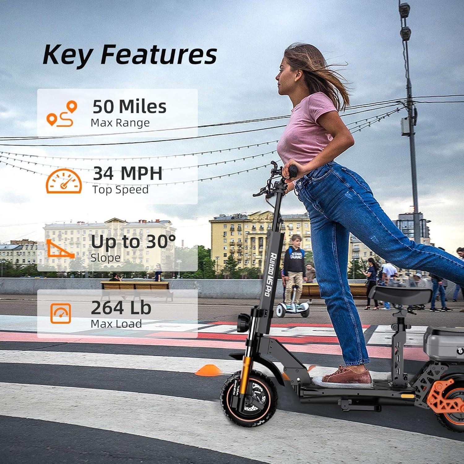 Ruitoo Ruitoo Electric Scooter for Adults, 34 Mph Top Speed, 50 Miles Max Range,1000W Motor, Dual Suspension Braking System Folding E-Scooter with LED Lights & Off-Road Tires Support Return