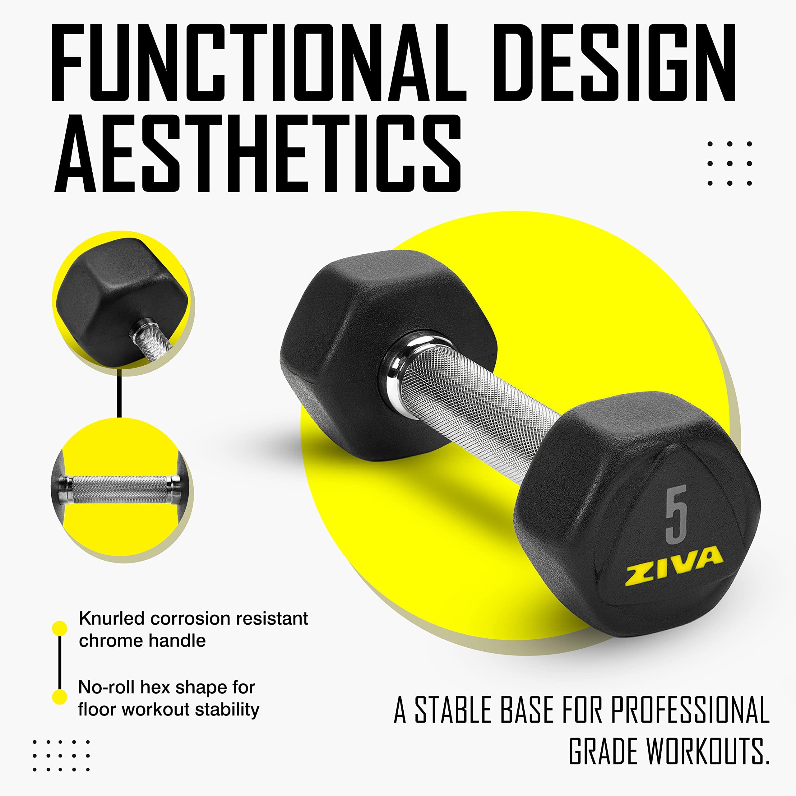 ZIVA ZIVA Performance RPU Hex Dumbbells Solid Steel Core, Premium Urethane Rubber Encasing, Corrosion Resistant - Commercial Grade for Rigorous Exercise, Strength Training - Pair of Two Dumbbell, 45 lb.