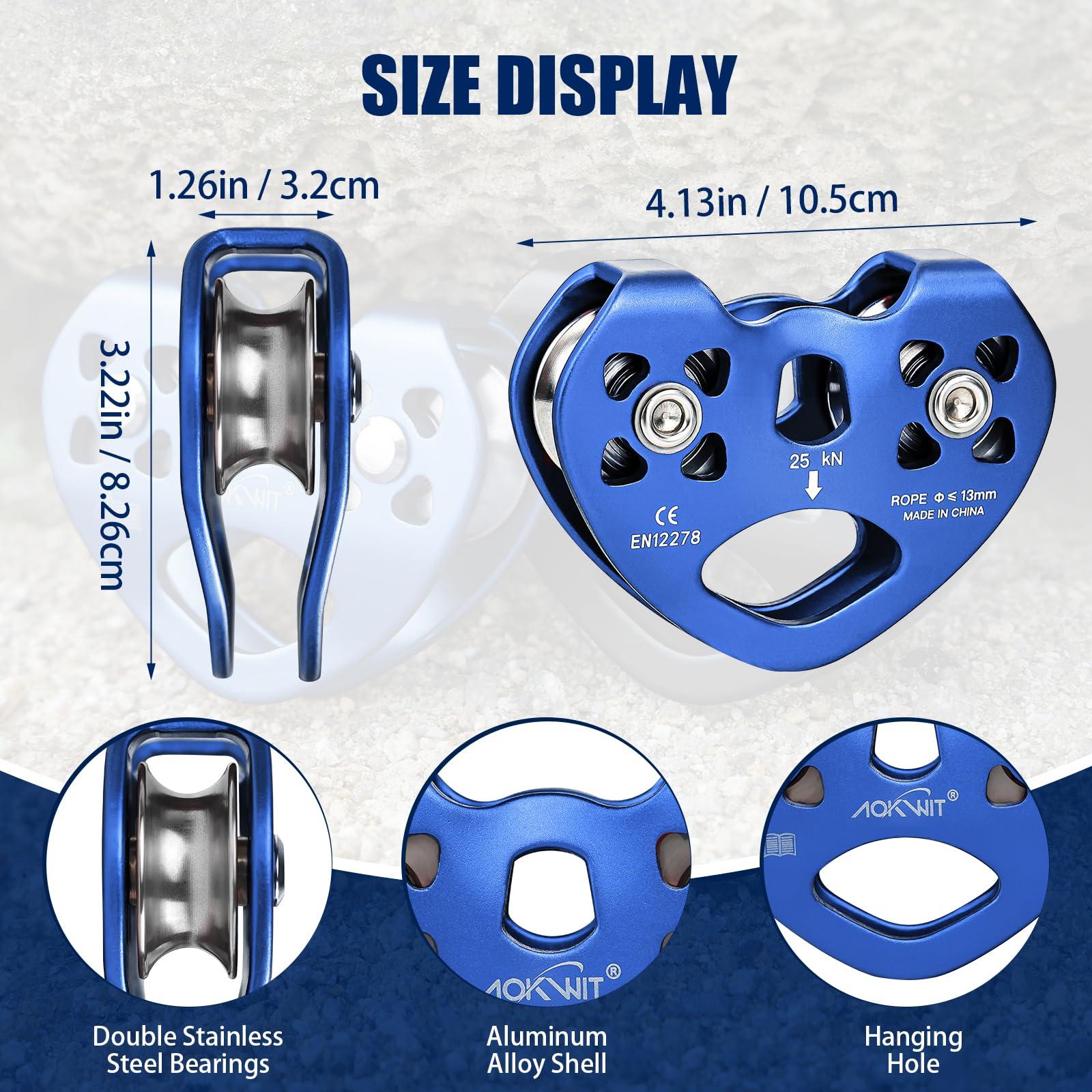 AOKWIT Zip Line Pulley 8-13mm Climbing Pulley Cable Rope Durable Aluminum Stainless Steel Roller Double Tandem Speed Dual Pulley 25KN for Backyard Zipline Hauling Rigging Mountaineering Rescue Climbing Gear
