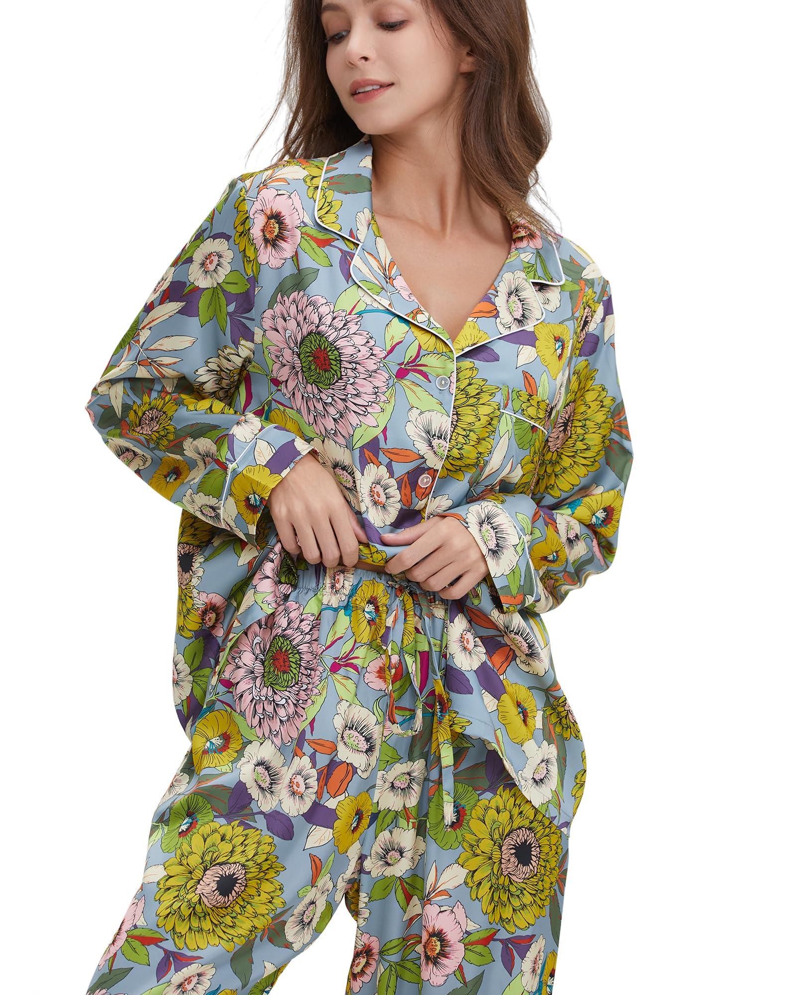 YiNi LuLu YiNi LuLu Womens Silk Satin Pajamas Set Button Down 2 Piece Pjs Set For Women Long Sleeve Oversized Sleepwear with Pockets