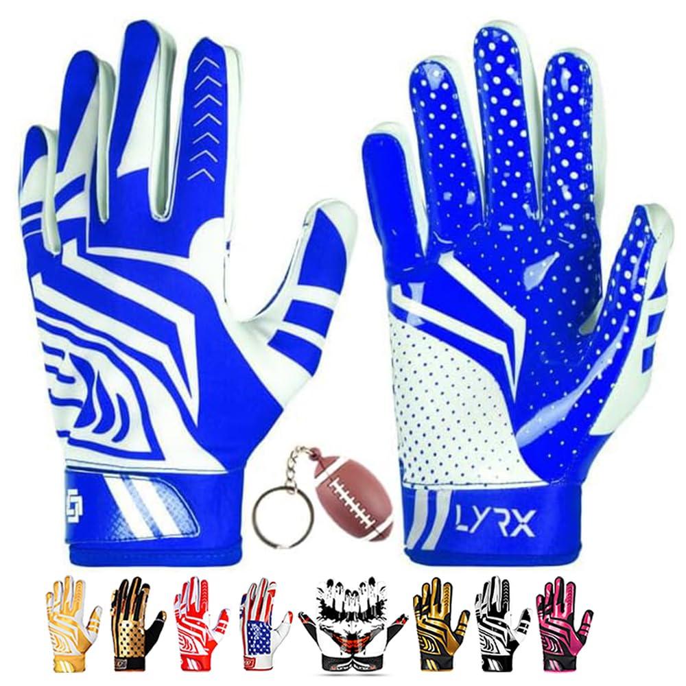 LYRX LYRX Professional Football Receiver Gloves with Optimal Silicone Palm Non-Slip Grip Control Ultra-Stick Sports Lightweight Glove and Precision Fit (Blue, Youth XS (5.5"))