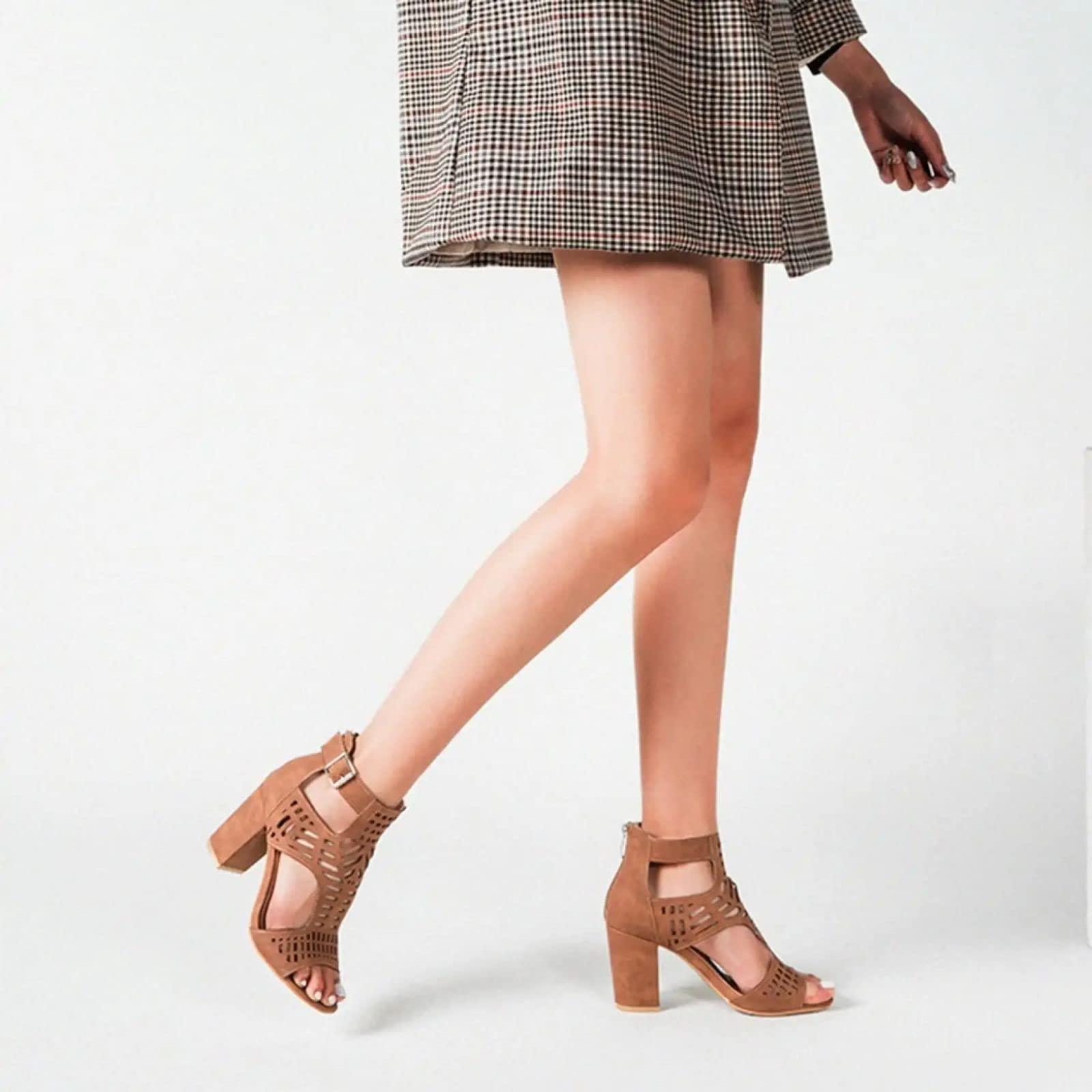 BORAMAX BORAMAX Chunky Heeled Sandals for Women Cutout Strappy Peep Toe Block Heels Buckle up Party Dressy Sandal Women Booties