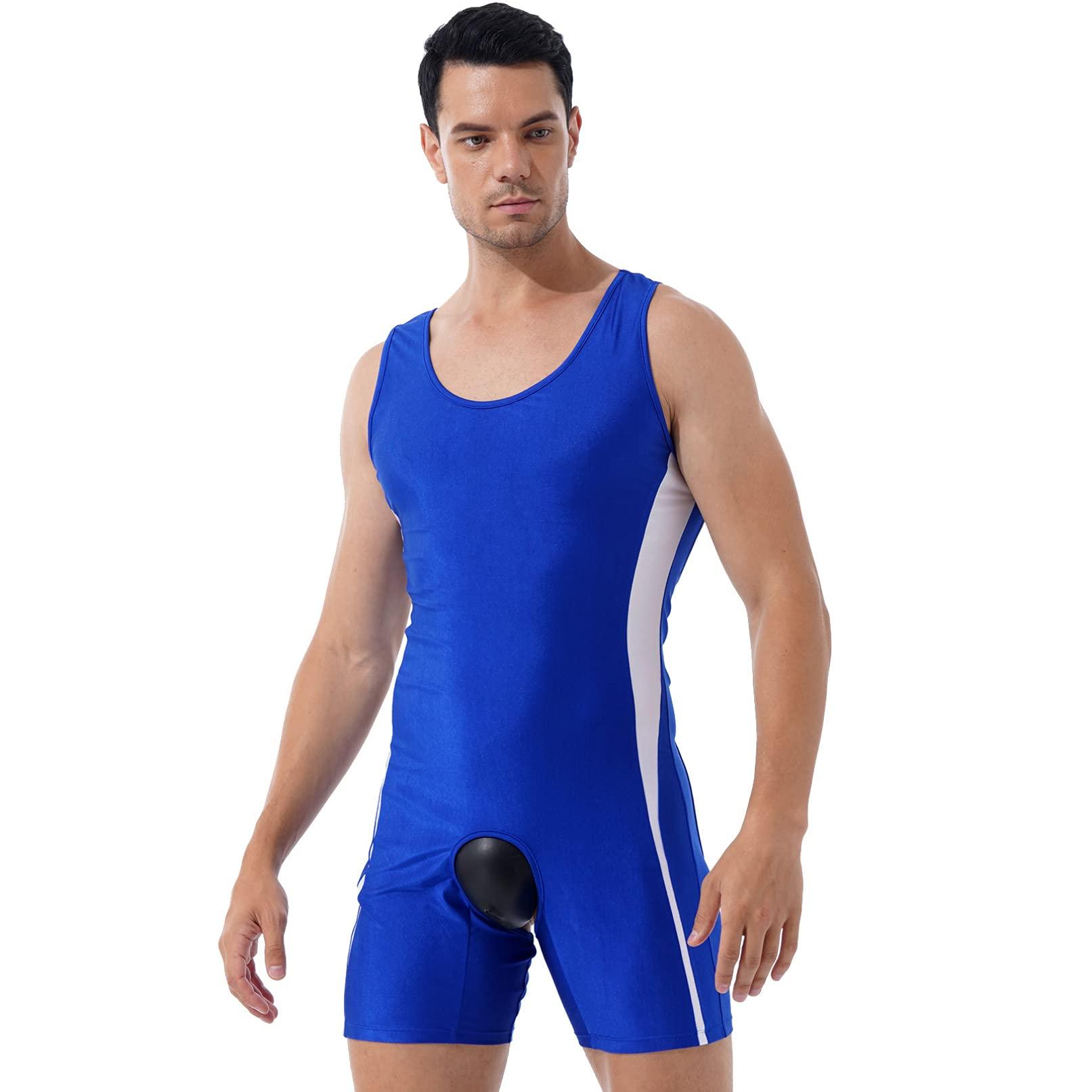 Linjinx Linjinx Men\'s Spandex Slim Fit Open Crotchless Wrestling Singlets Leotard Underwear Jumpsuits Blue Large