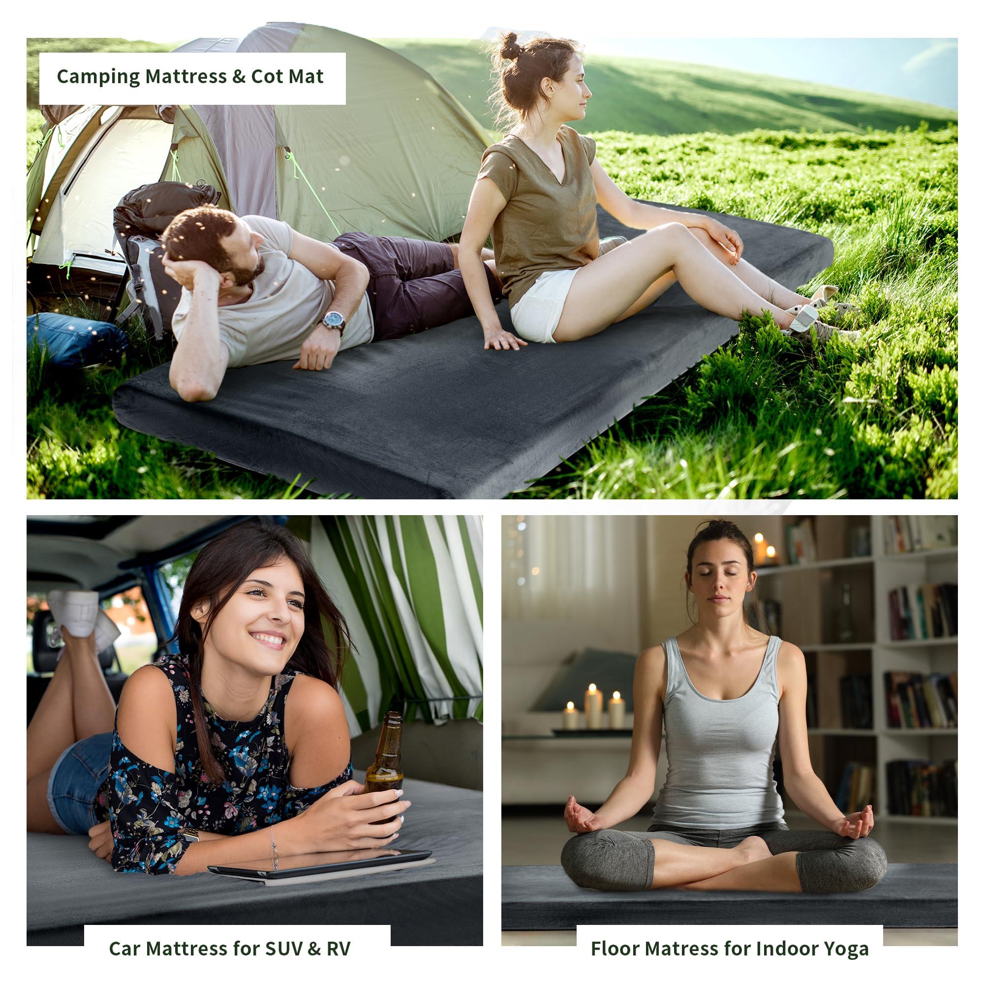 HOMBYS HOMBYS Portable Memory Foam Camping Mattress for Outdoor Sleeping, 3" Thick Waterproof Roll Up Camping Mattress Pad Mat for Travel Truck Bed Tent (Dark Grey, Small Single-72"x24"x3")