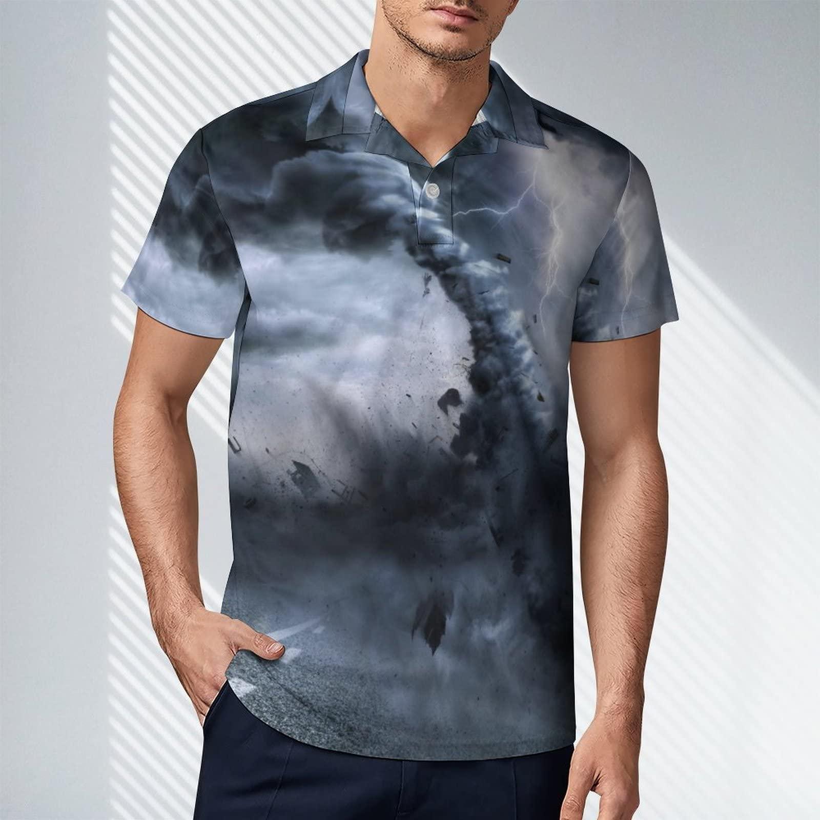 SONGTING Powerful Tornado Men's Polo Shirt Short Sleeve Print T Shirt Slim Fit Golf Shirt Collared Tee Casual Top XL