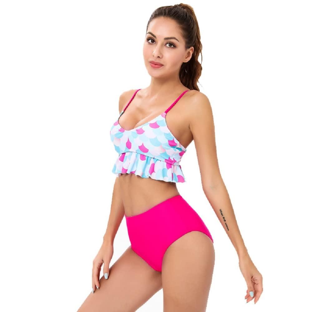 ODASDO Mommy and Me Swimsuit Two Pieces Bikini Set Bathing Suit Mom and Daughter Family Matching Swimwear Monokini Padded Push Up Tummy Control Mermaid Women Girl's One-Piece Summer Beachwear Hot Pink 2-3Y