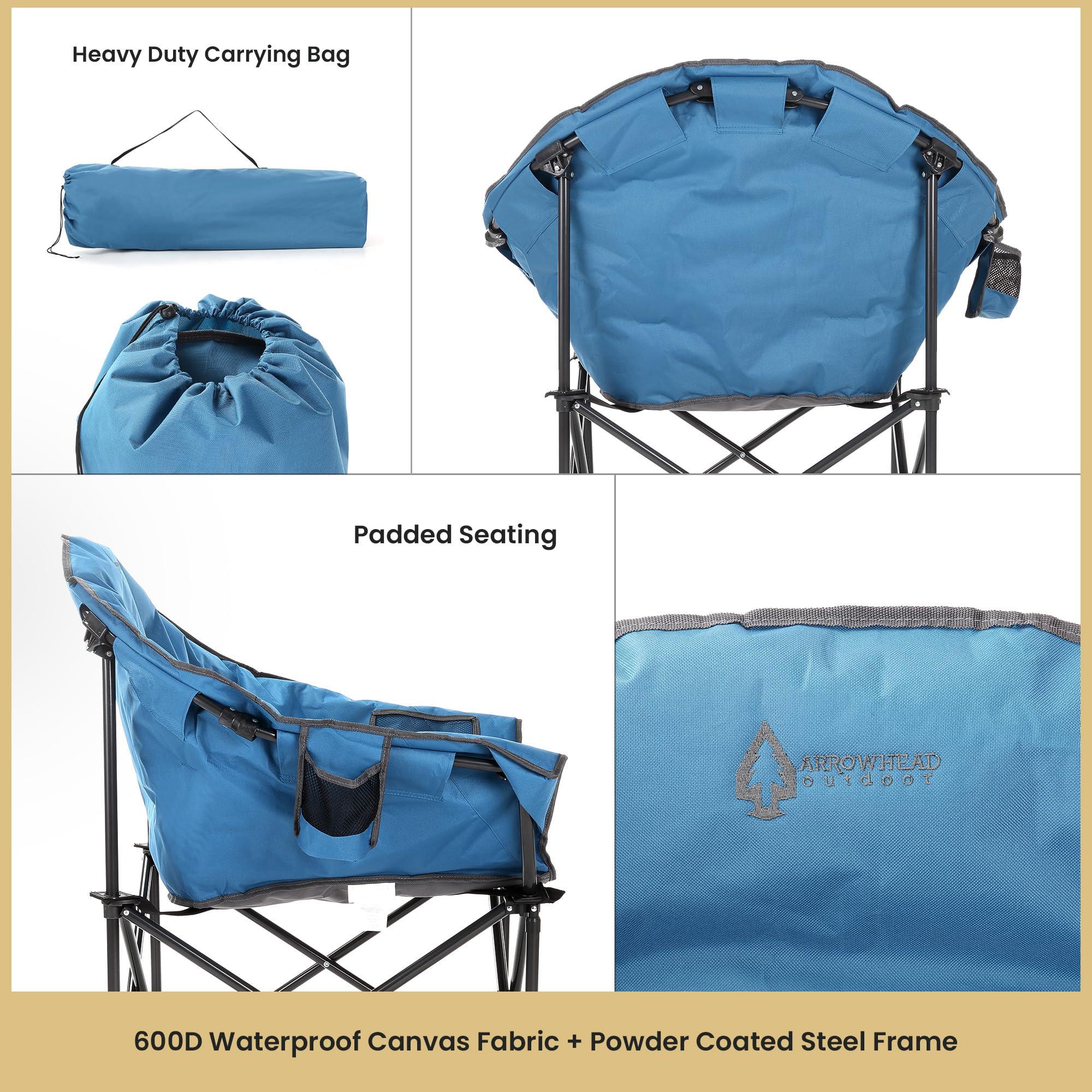 ARROWHEAD OUTDOOR ARROWHEAD OUTDOOR Oversized Heavy-Duty Club Folding Camping Chair w/External Pocket, Cup Holder, Portable, Padded, Moon, Round, Saucer, Supports 330lbs, Carrying Bag, USA-Based Support