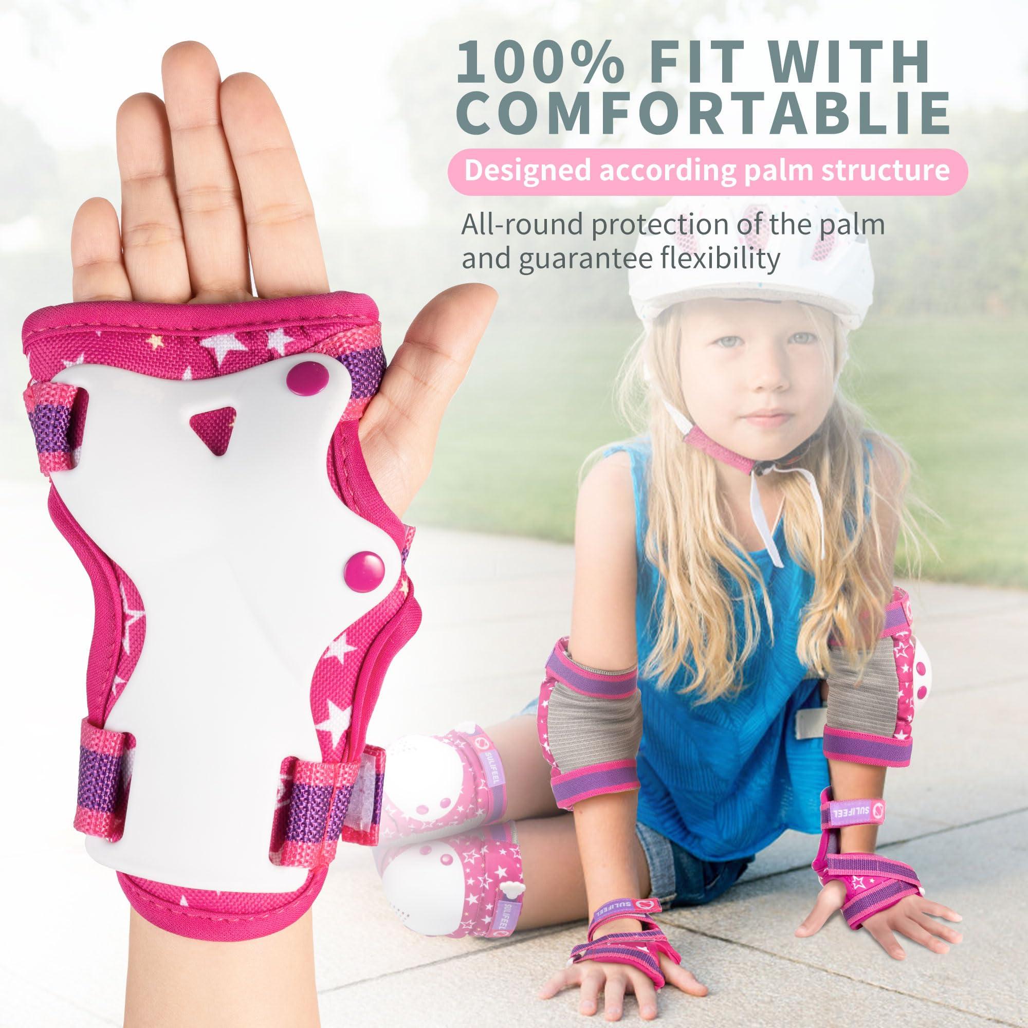 SULIFEEL SULIFEEL Rainbow Unicorn Knee Pads for Kids Knee Elbow Pads Wrist Guards with Drawstring Bag Adjustable Protective Gear Set for Girls Roller Skating Bike Cycling Skateboard Scooter Rose Red Small
