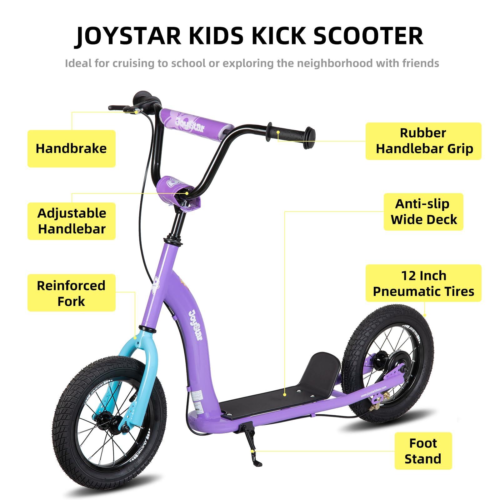 JOYSTAR JOYSTAR Kick Scooter for Kids 5+ Teens & Youth, Lightweight Kids Scooter with Adjustable Handlebar, 2 Wheel Scooter for Boys & Girls, 12" Inflatable Wheels Rear Drum Brakes, Purple