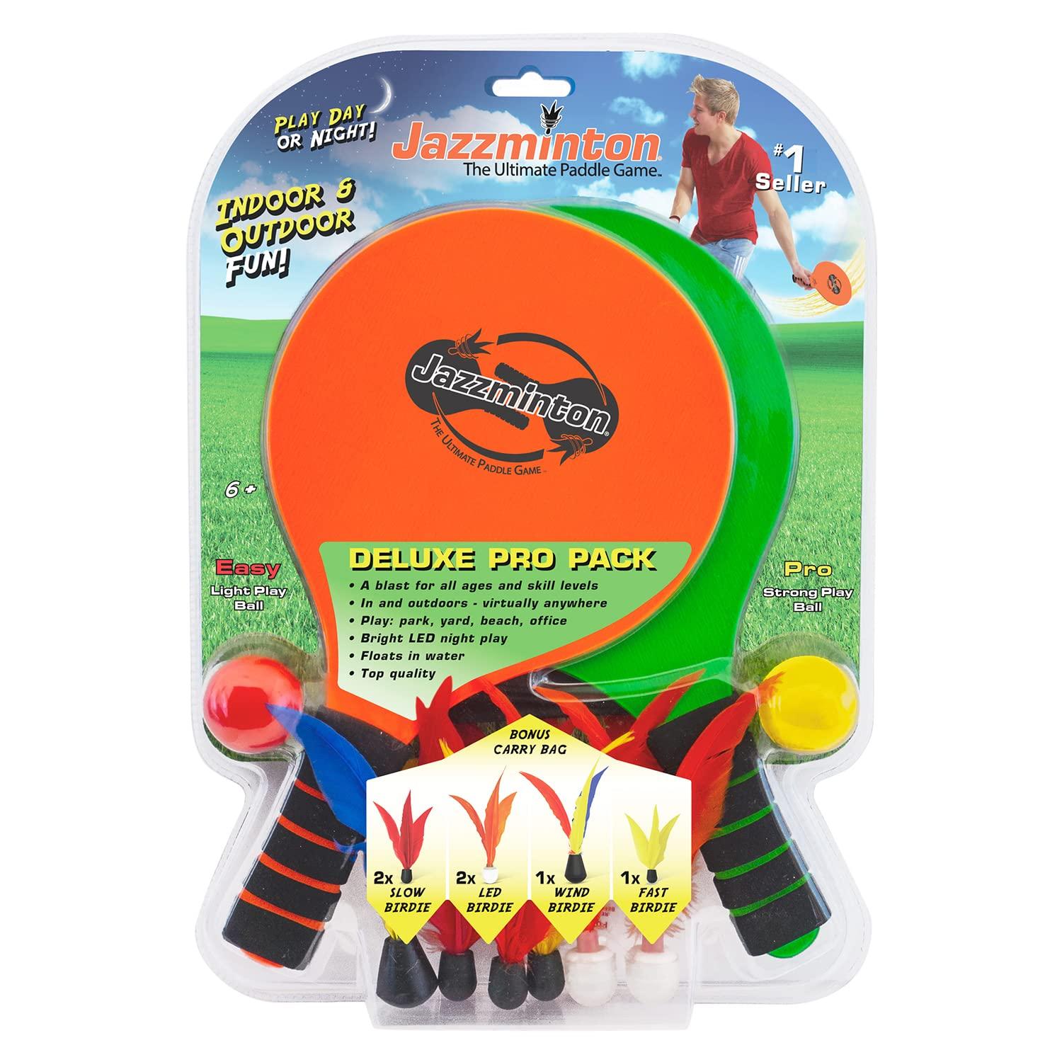 Funsparks Paddle Ball Game Jazzminton Deluxe with LED Birdie - Indoor/Outdoor Game for Kids, Teens and Adults