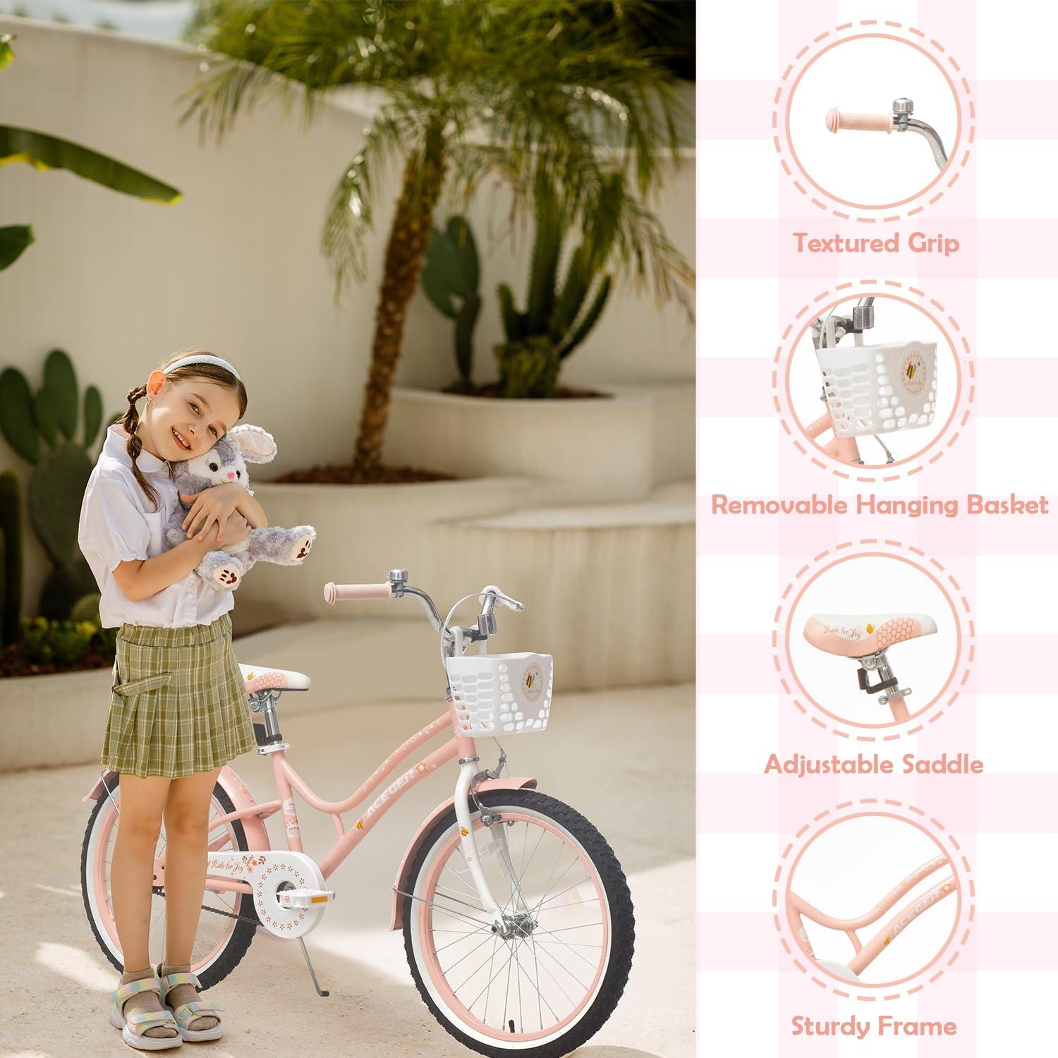 ACEGER ACEGER Kids Bike for 7-14 Years Old, 16 18 Inch Girls Bike with Removable Training Wheels and Kickstand, 20 Inch Kid's Bicycle with Kickstand only, Adjustable Seat, Steel Frame & Dual Brakes