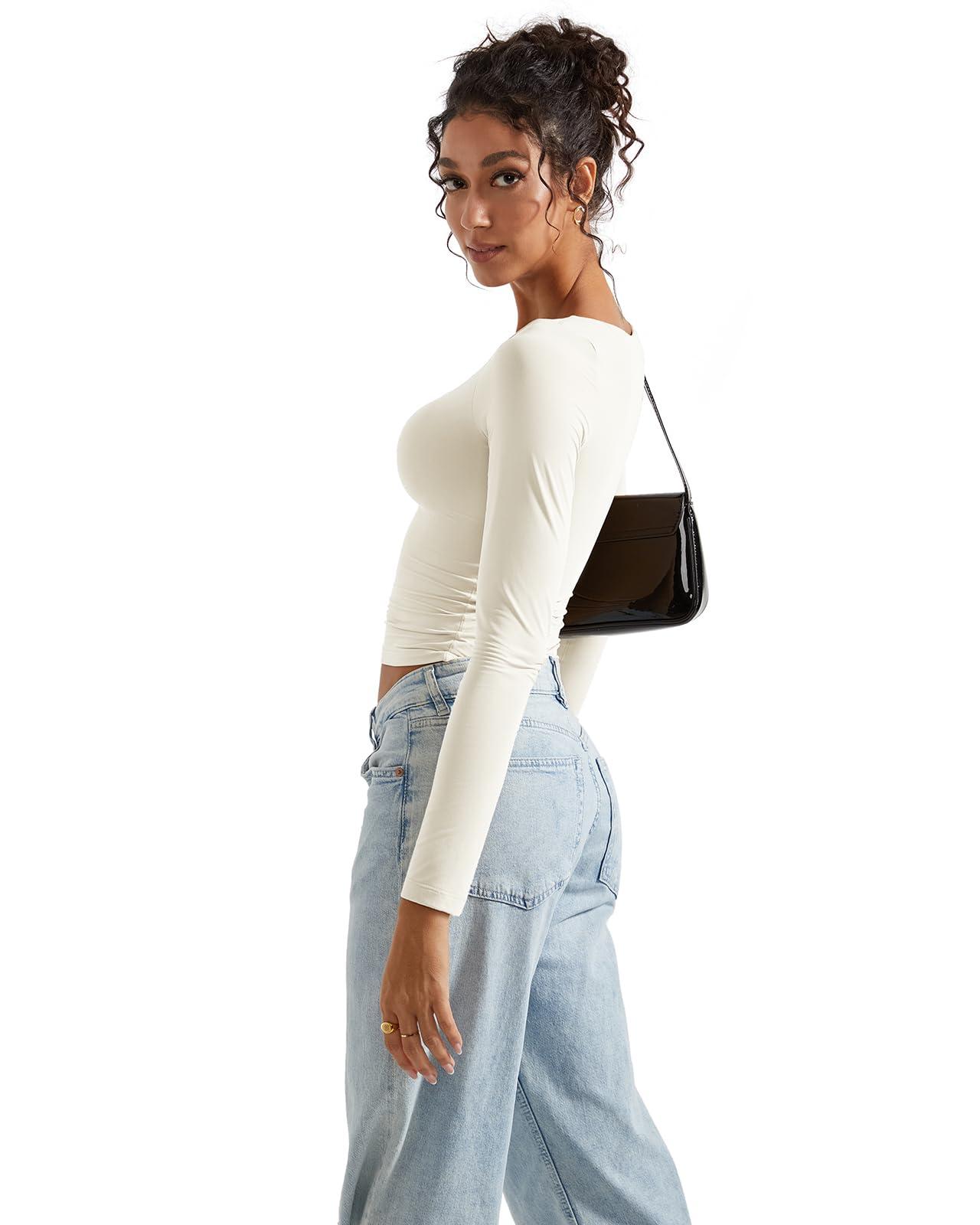 SUUKSESS SUUKSESS Women Double Lined Fitted Basic T Shirts Scoop Neck Long Sleeve Crop Top (White, S)