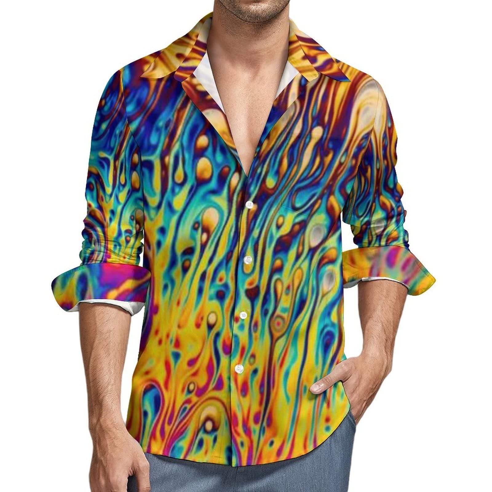 FORSJHSA Psychedelic Trippy Men's Casual Long Sleeve Button Down Shirts Regular-Fit with Pocket