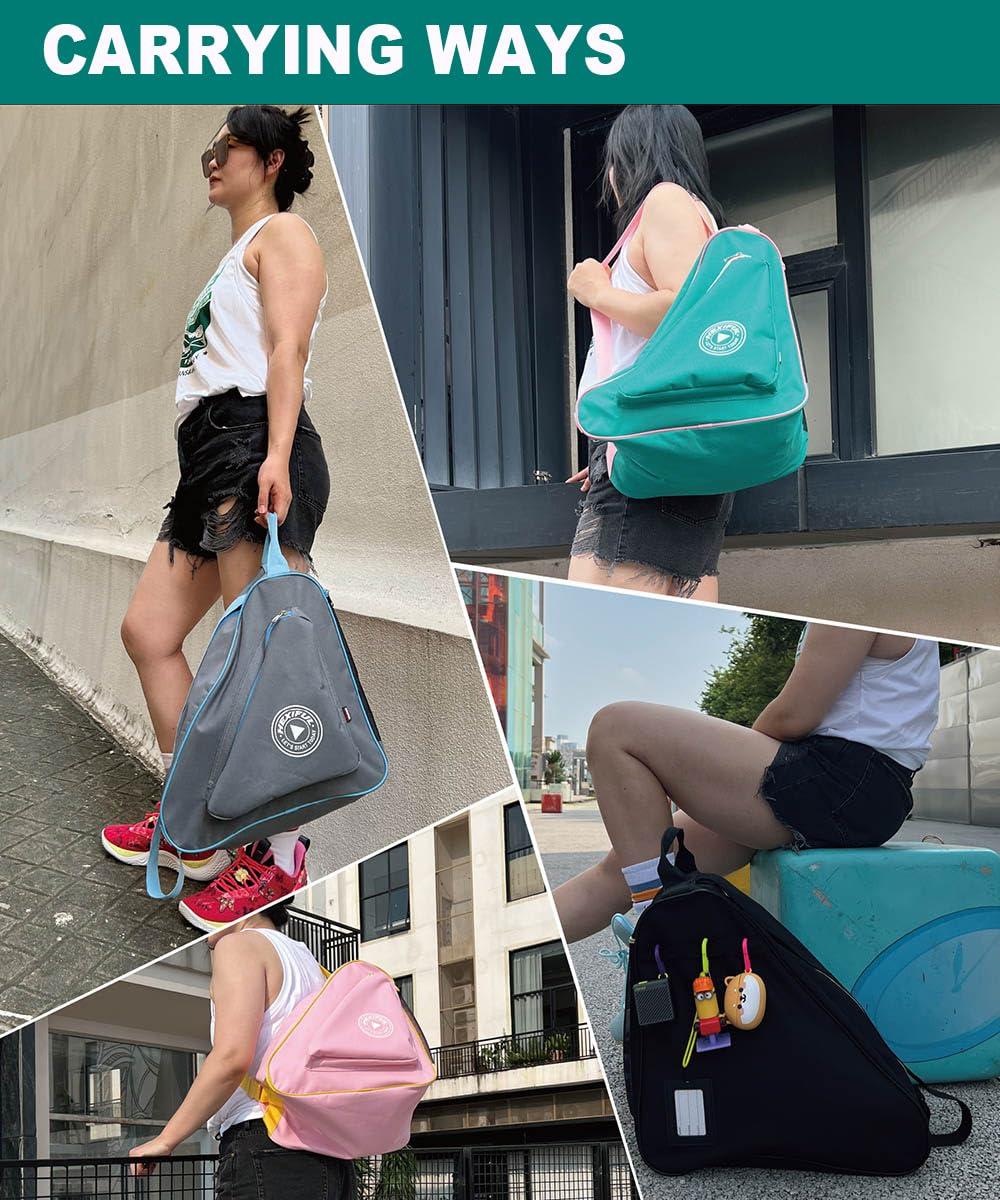 HEXIFUL HEXIFUL Skate Bag to Carry Ice Skates, Inline Skates, Roller Skates and Quad Skates for Both Kids and Adults (Green/Pink)