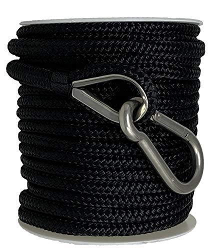 Rainier Supply Co Rainier Supply Co. Boat Anchor Line - 100 ft x 3/8 inch Anchor Rope - Double Braided Nylon Anchor Boat Rope with 316SS Thimble and Heavy Duty Marine Grade Snap Hook - Black