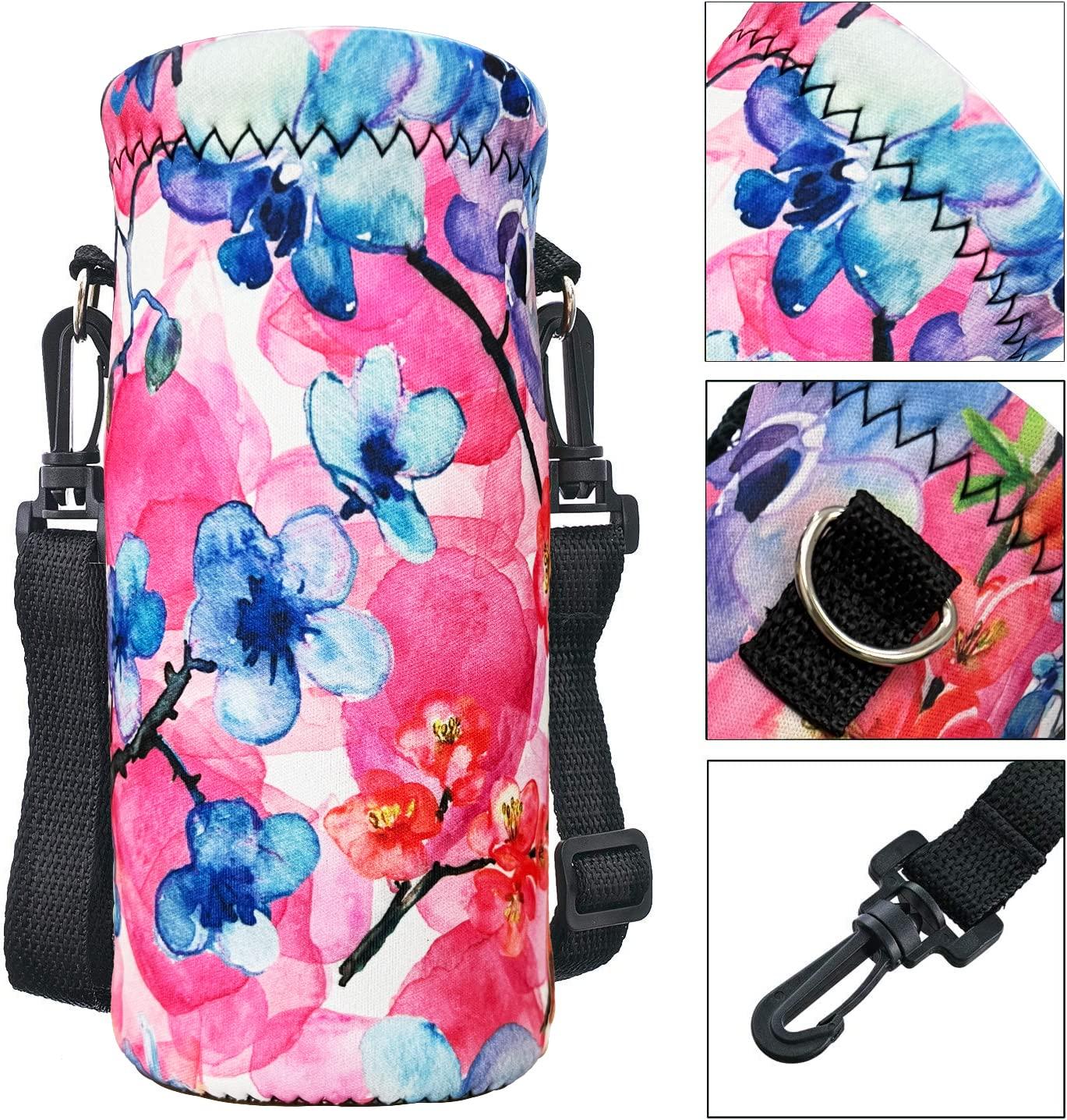 RICHEN RICHEN Neoprene Water Bottle Carrier Bag with Adjustable Shoulder Strap,Insulated Water Bottle Cover for 750ml/24oz Stainless Steel/Glass/Plastic Bottles (Watercolor Flowers,750ml)