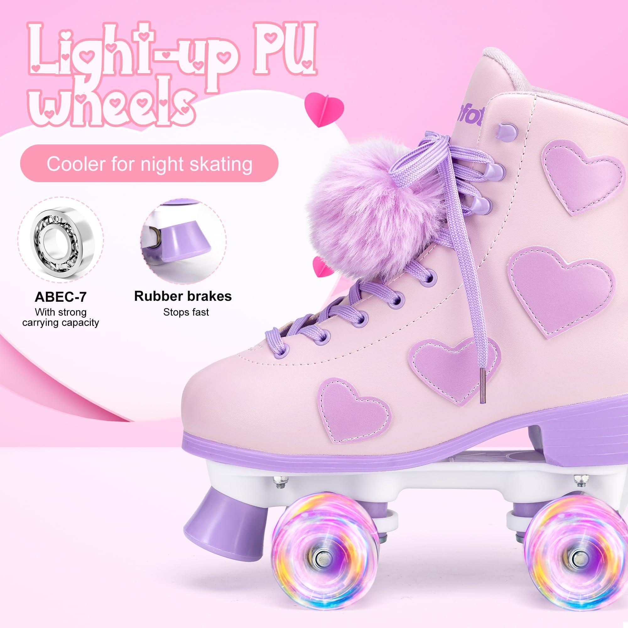 Ruthfot Ruthfot Women's and Girl's Classic Roller Skates with Light up Wheels and Love Heart Pattern, High-top PU Leather Rollerskates