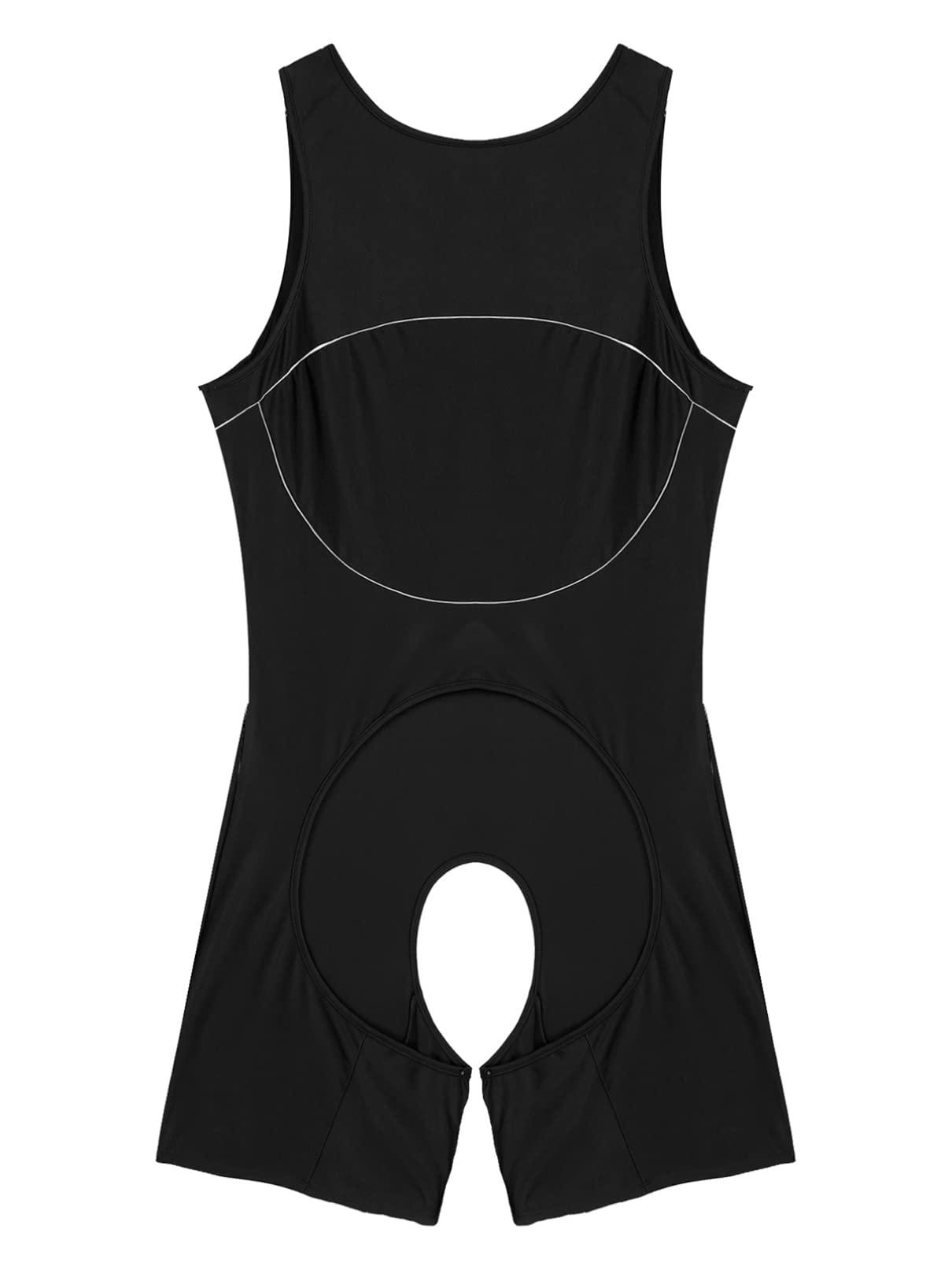 Linjinx Linjinx Men\'s Spandex Slim Fit Open Crotchless Wrestling Singlets Leotard Underwear Jumpsuits Black X-Large