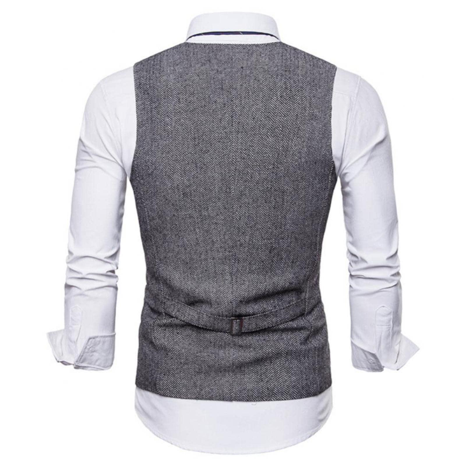 SHACE Men's Suit Vest - Men Autumn Sleeveless V Neck Lightweight Pockets Casual Single Breasted Herringbone Business Wedding Party Suit Waistcoat,Grey,M