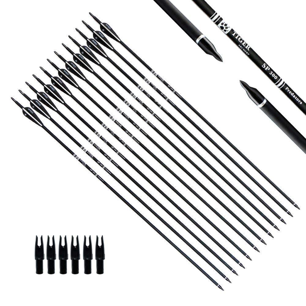 Tiger Archery TIGER ARCHERY 30Inch Carbon Arrow Practice Hunting Arrows with Removable Tips for Compound & Recurve Bow(Pack of 12) (Black White)