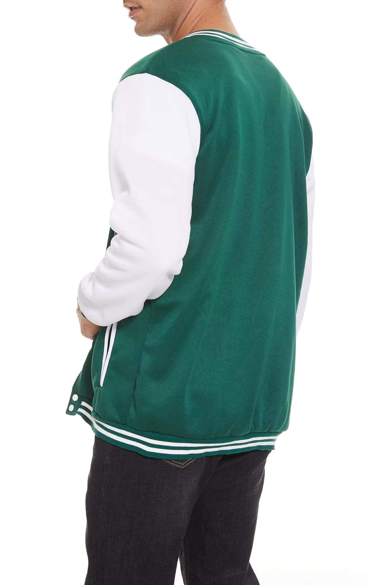 babyhealthy Men's Bomber Jacket Varsity Baseball Jackets Windbreaker Lightweight Slim Fit Button Down Letterman Jacket Green