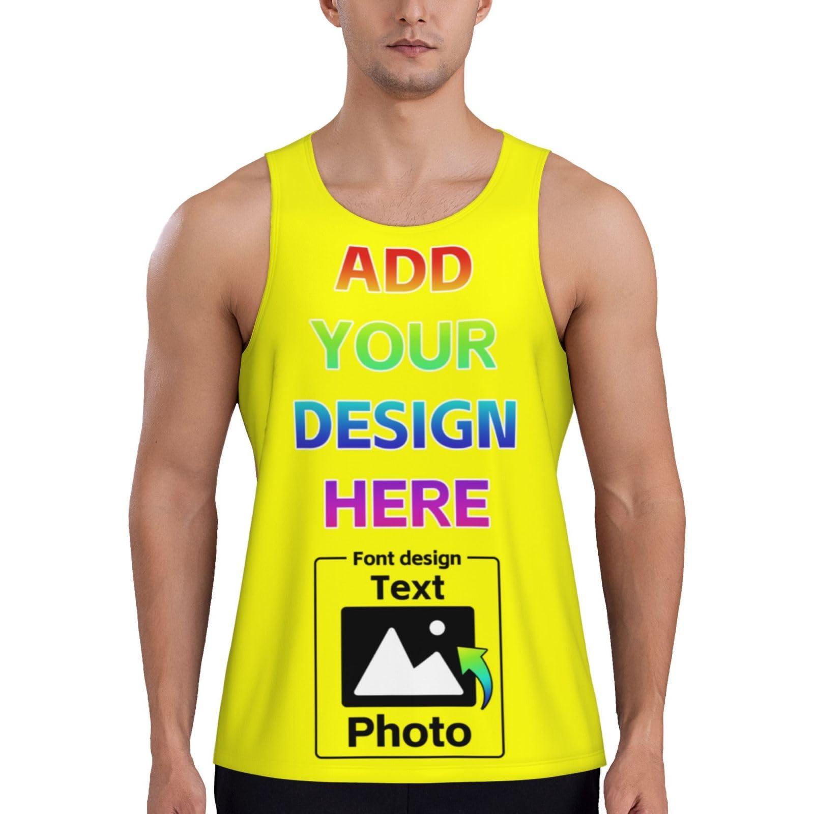 NineFit Basics Personalized Mens Tank Top Custom Men Sleeveless Tops Design Your Own Photo Text for Gym Running Tank Tops XXL C026 Yellow