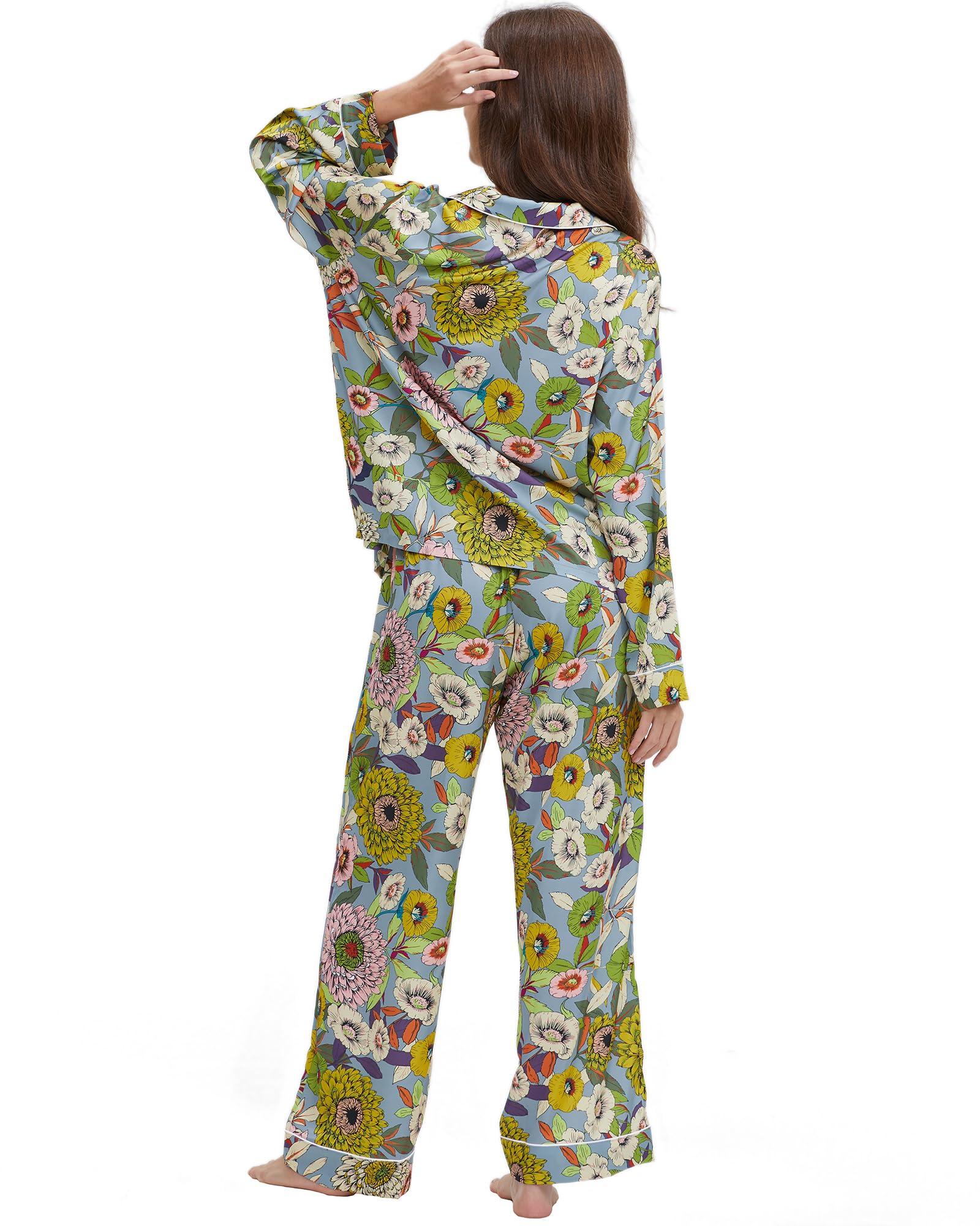 YiNi LuLu YiNi LuLu Womens Silk Satin Pajamas Set Button Down 2 Piece Pjs Set For Women Long Sleeve Oversized Sleepwear with Pockets