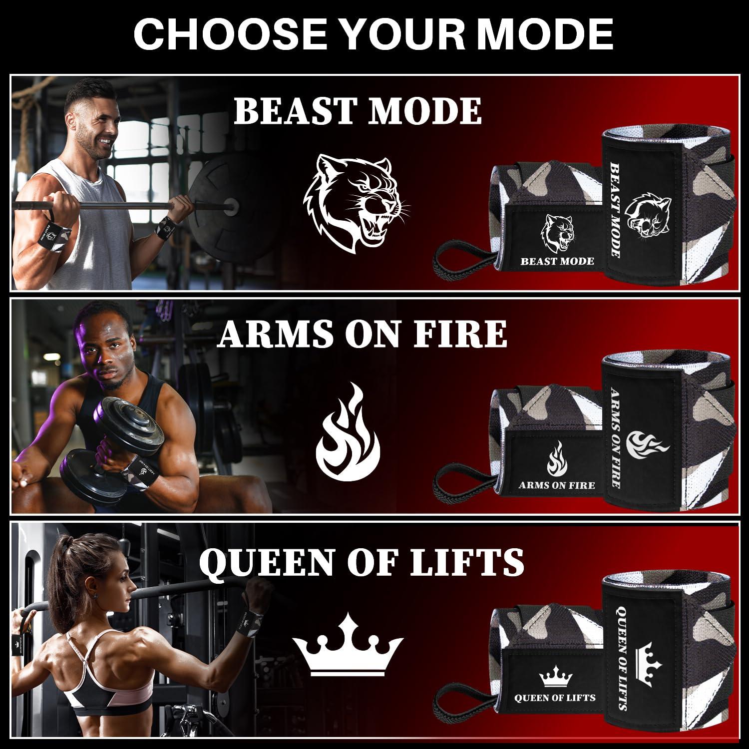 TECEUM TECEUM Weightlifting Wrist Wraps with Thumb Loop Black Camo Queen of Lifts 18 inch Heavy-Duty Workout Wrist Support & Protection Ideal for Powerlifting, Strength Training, Bodybuilding