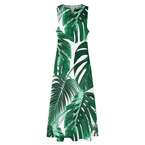 TUBIAZICOL Tropical Palm Leaves Ankle Long Maxi Dress for Women Sleeveless Summer with Pockets