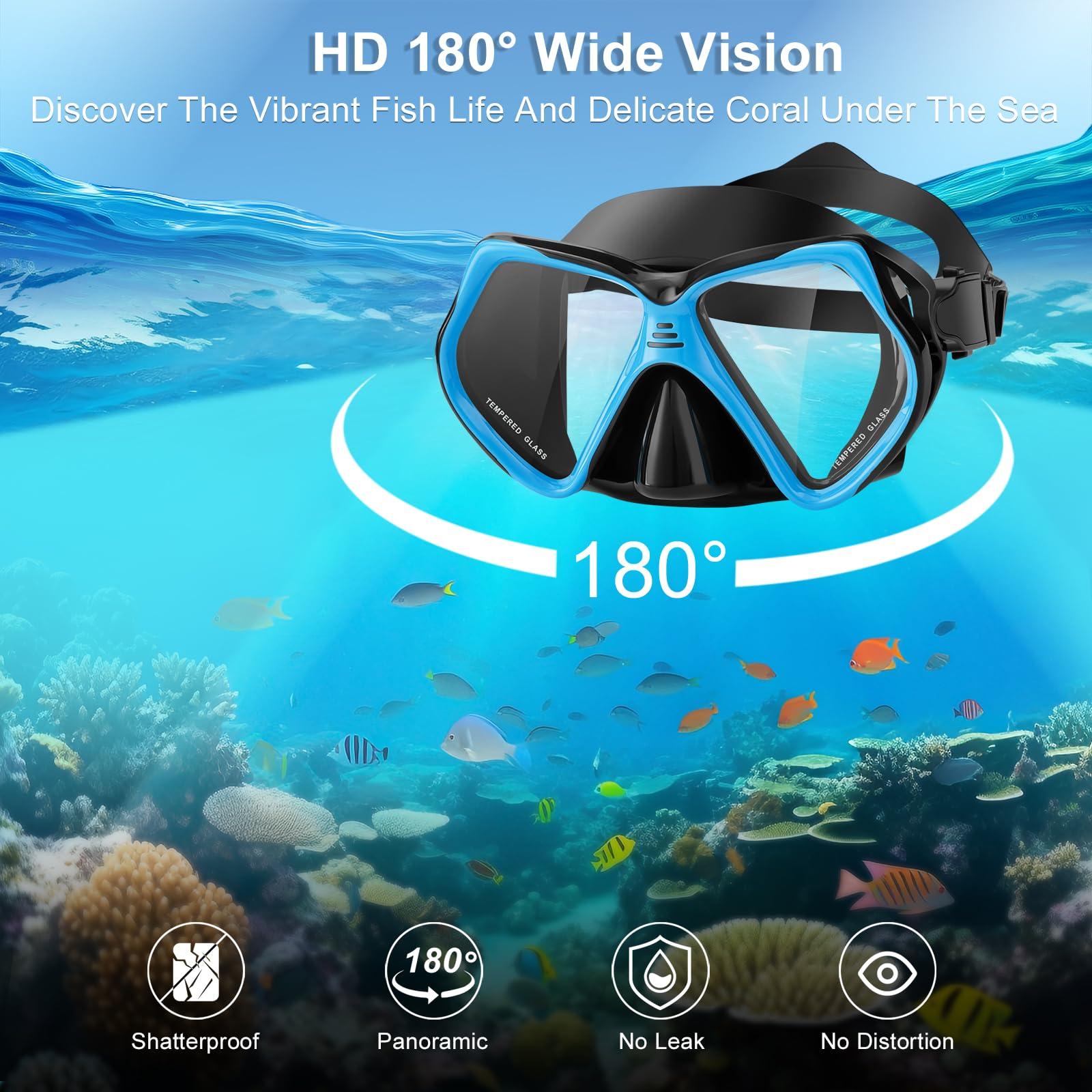 ITOWE ITOWE 2 Window Swimming Goggles Snorkel Mask Adult Unisex Tempered Glass Shatterproof Scuba Diving Mask Anti-Fog No Leak Snorkeling Mask 180 Clear View Goggles with Nose Cover Youth Men Women