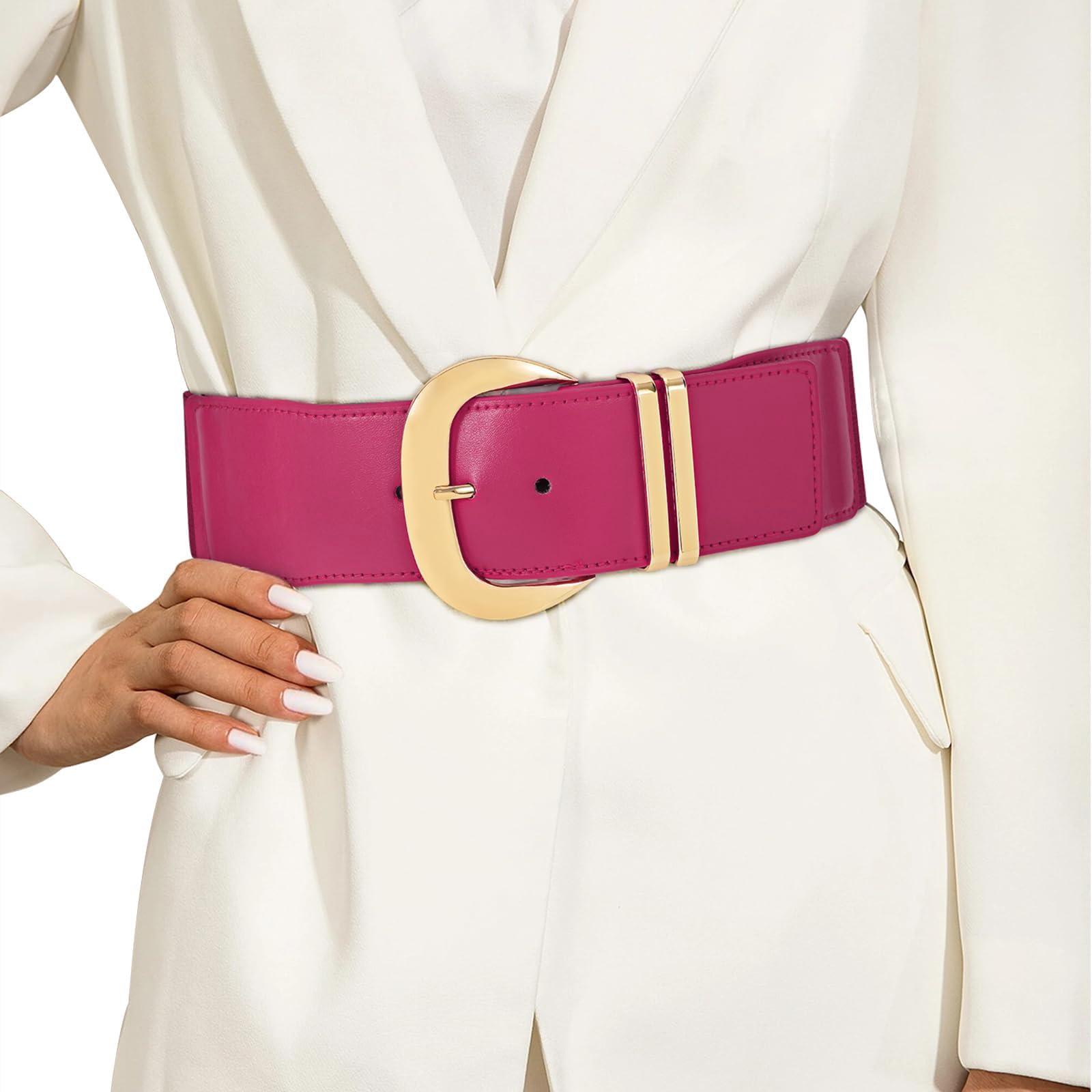WHIPPY WHIPPY Women Wide Elastic Waist Belt for Dresses Fashion Gold Buckle Stretchy Leather Waistband for Ladies, Rose Red, Fits Waist 38"-45"