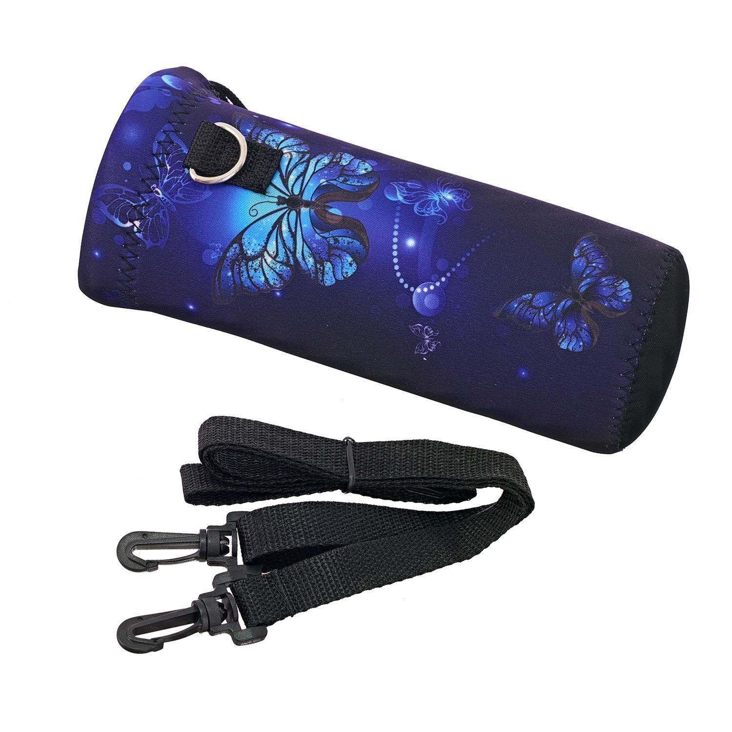 RICHEN RICHEN Neoprene Water Bottle Carrier Bag with Adjustable Shoulder Strap, Insulated for 750ml/24oz Stainless Steel/Glass/Plastic Bottles (Blue Butterflies, 750ml)