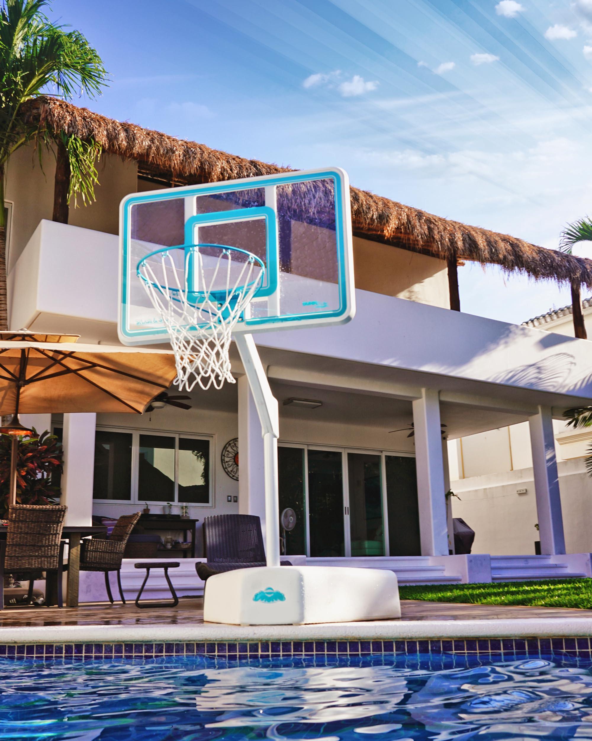 DUNNRITE Dunn-Rite Splash & Shoot Outdoor Adjustable Height Swimming Pool Basketball Hoop w/Ball, Base, & 18 Inch Stainless Steel Rim, Made in USA, Clear