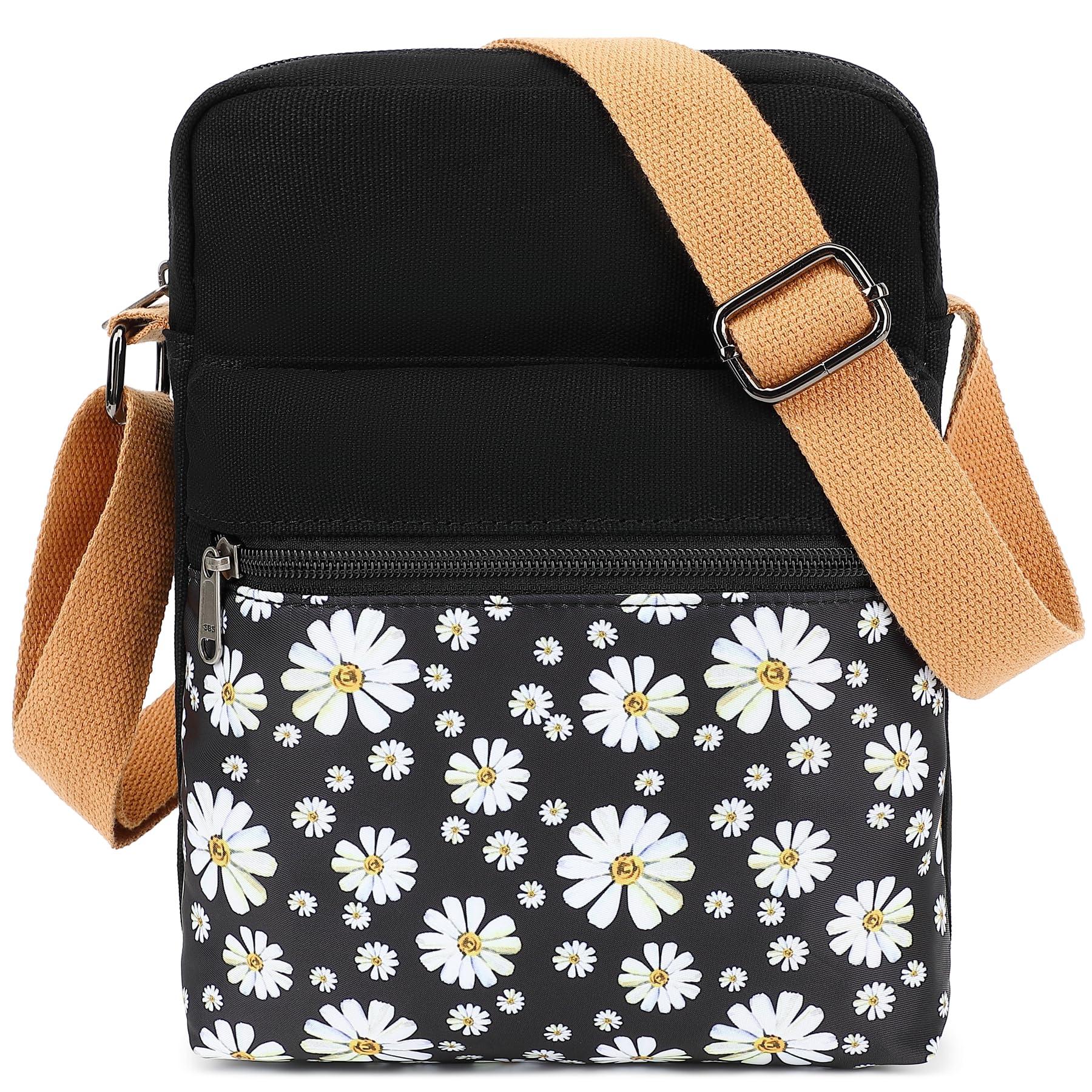 H HIKKER-LINK H HIKKER-LINK Flowers Crossbody Bag and Purse Casual Canvas Shoulder Bag for Women Messenger Bags Daisy Black