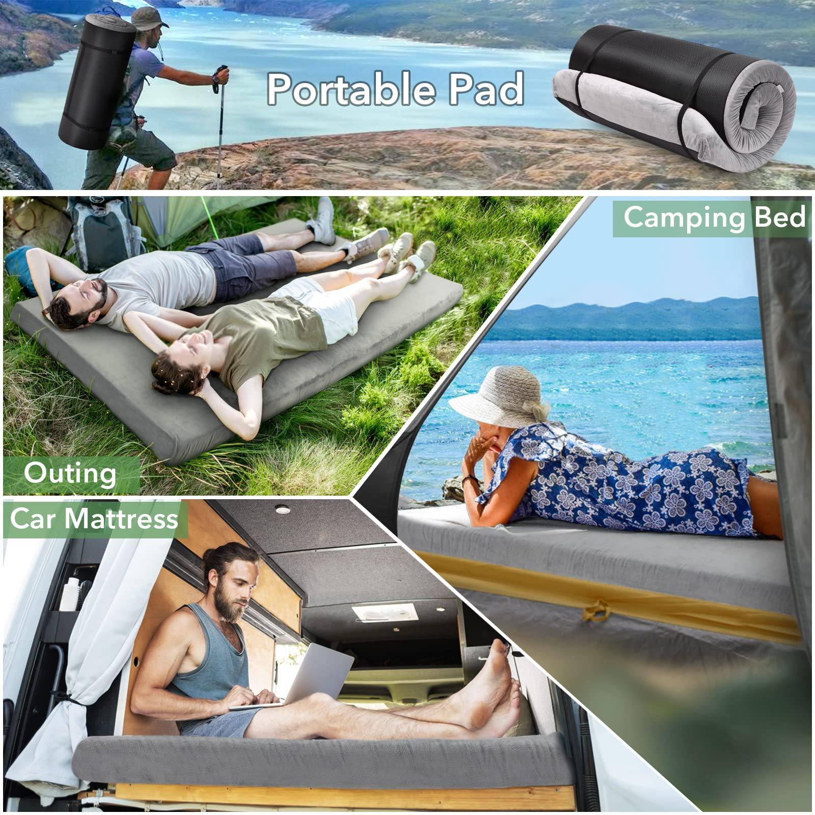 Homhougo Memory Foam Camping Mattress, Homhougo Roll Up Foam Mattress with Removable Waterproof Cover, 3-Inch Travel Mattress with Storage Bag, Small Single 72\" x 24\" Grey
