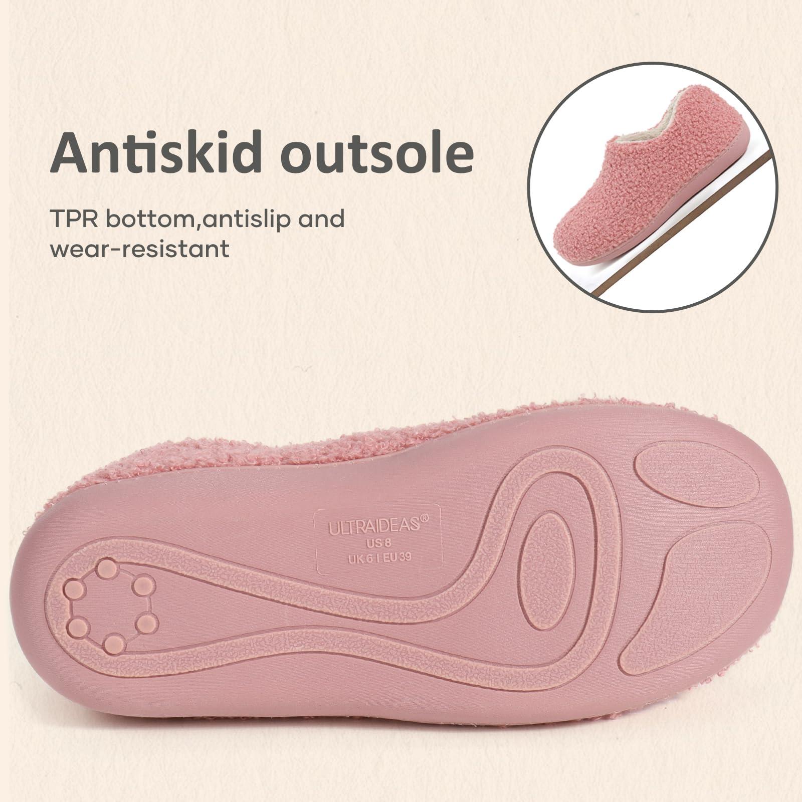 ULTRAIDEAS ULTRAIDEAS Women's Indoor Loafer House Slippers with Memory Foam, Ladies Warm Closed Back House Shoes with Non-Slip Outdoor Rubber SoleTeddy Pinksize 8