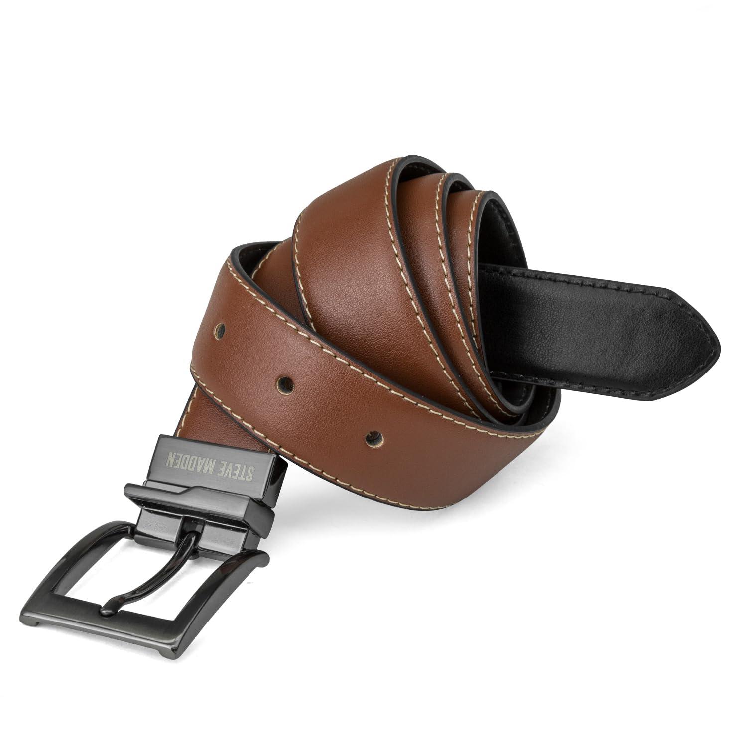 Steve Madden Steve Madden Men's Dress Casual Every Day Leather Belt, Cognac/Black (Reversible), Small