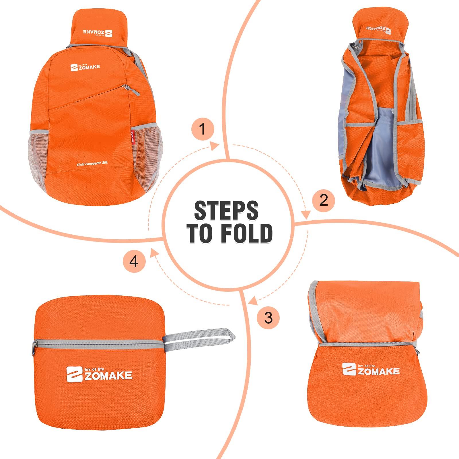 ZOMAKE ZOMAKE Lightweight Packable Backpack 20L - Foldable Backpack Small Daypack Hiking Backpack Water-Resistant Day Bag for Travel(Orange)