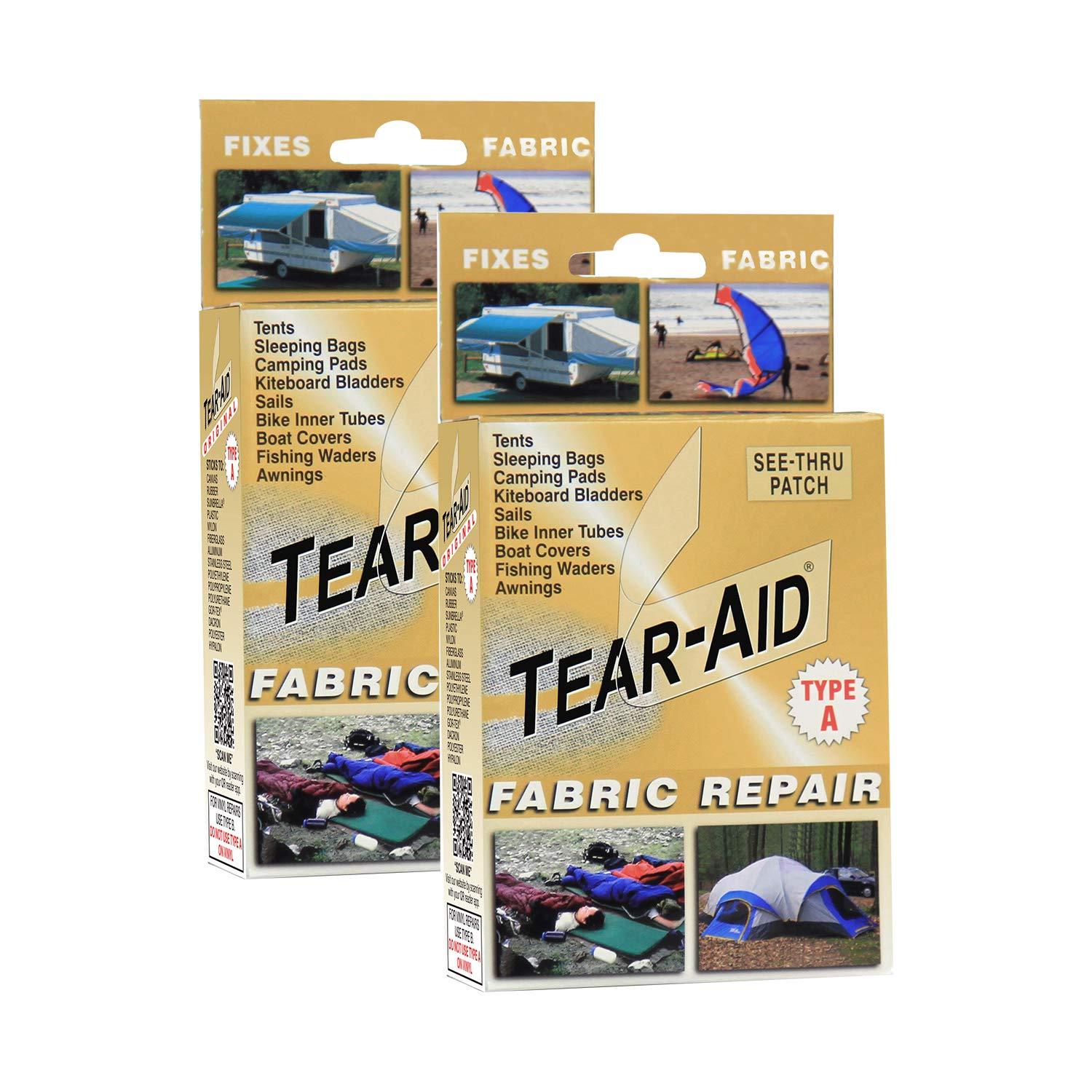 TEAR-AID TEAR-AID Fabric Repair Kit, Type A Clear Patch for Canvas, Fiberglass, Leather, Polyester, Nylon & More, Gold Box, 2 Pack